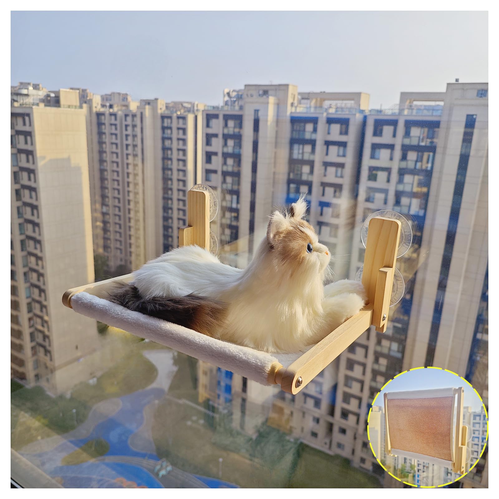 Gesomepurrz Foldable Cat Window Perch, Natural Wood, 16.5 Inches*12 Inches Hammock, 35 Lbs Weight Limit, Cat Window Hammock For 