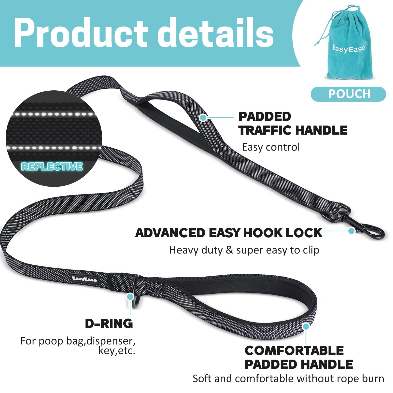 Easyease Dog Leash With 2 Comfortable Soft Padded Handles 5Ft Black Reflective Heavy Duty Pet Dog Walking Leashes Durable Dog Tr