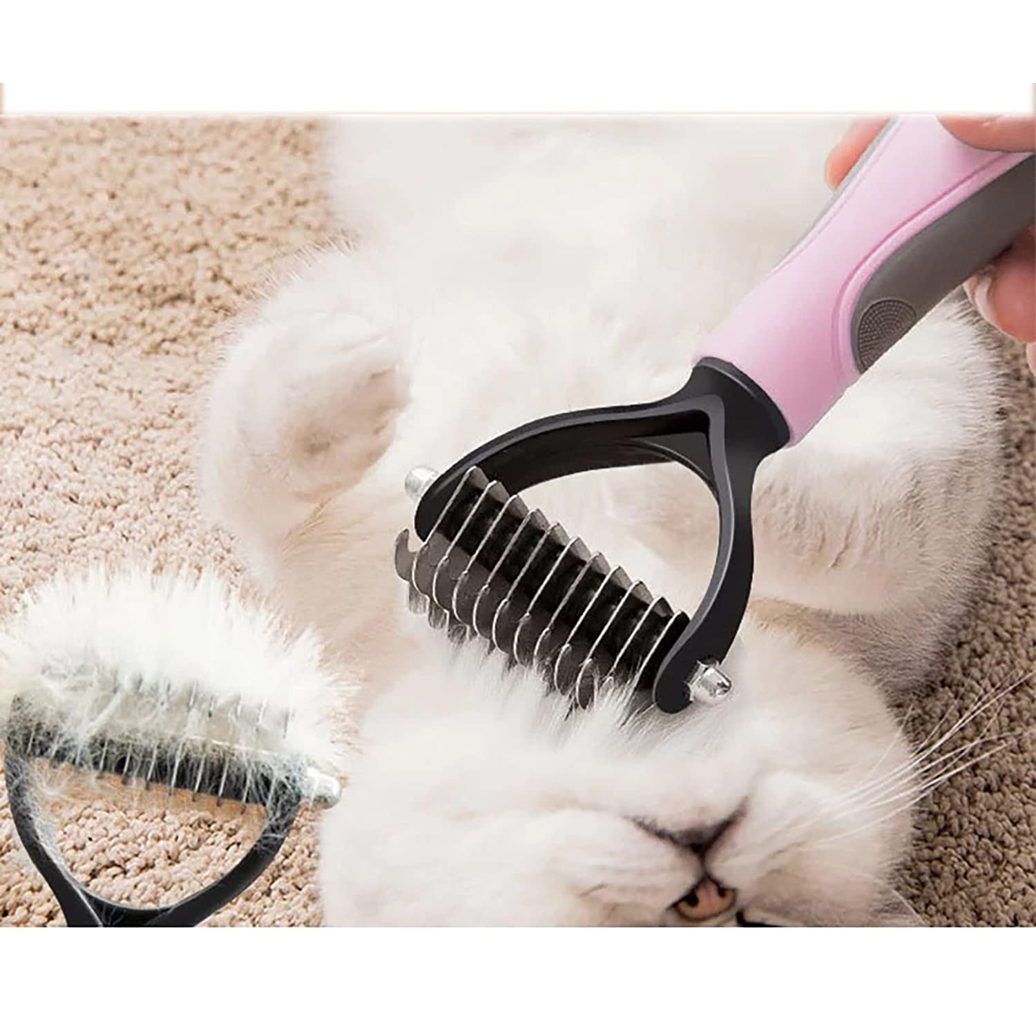 Double-Sided Undercoat Rake Comb And Flea Comb Set For Pet Grooming - Dematting Tool For Dogs And Cats (Pink/11-Tooth)