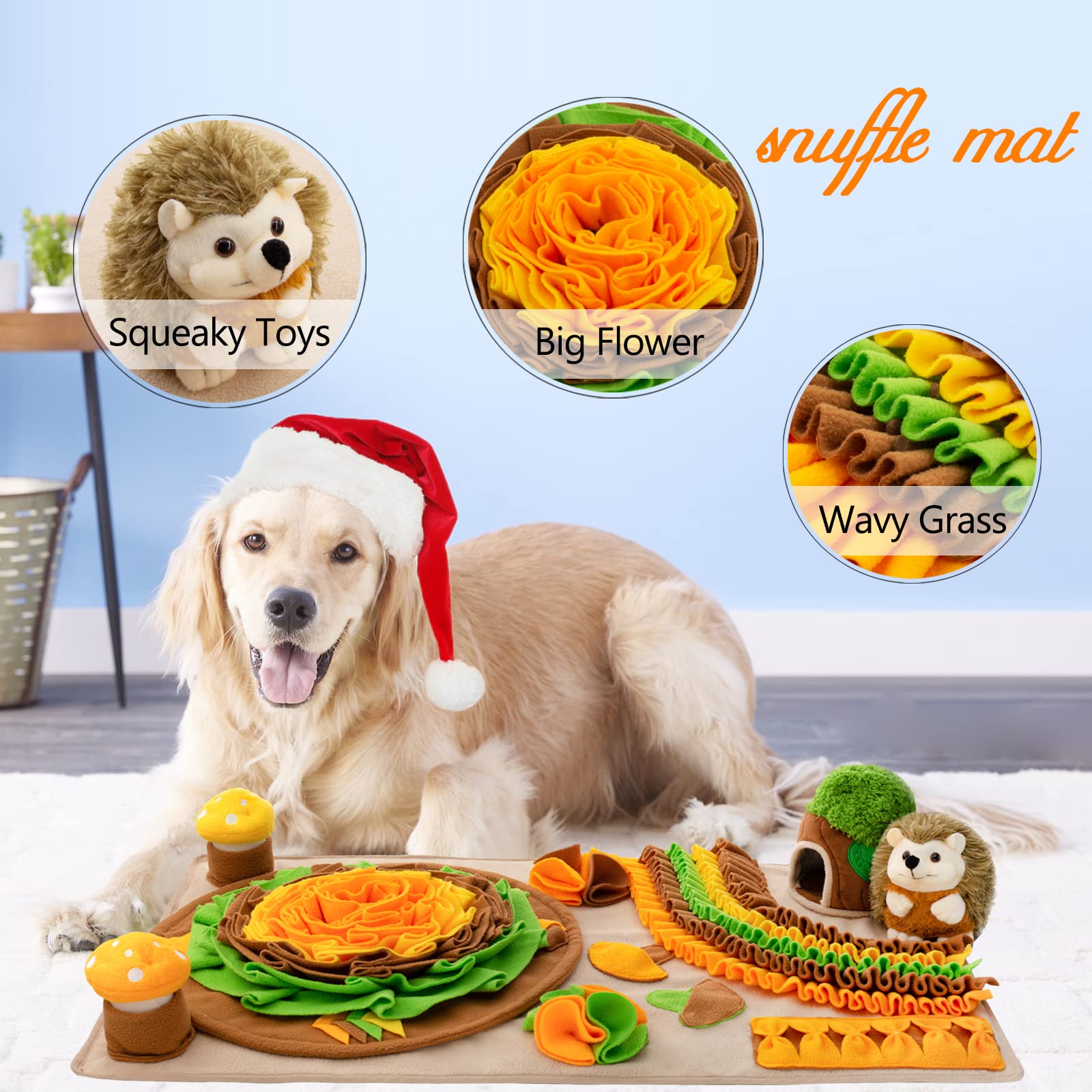 Meilzer Pet Snuffle Mat for Dogs Hedgehog Puzzle Toy Large Sniffing Mat with Squeaky Mushrooms Portable Indoor/Outdoor Digging M