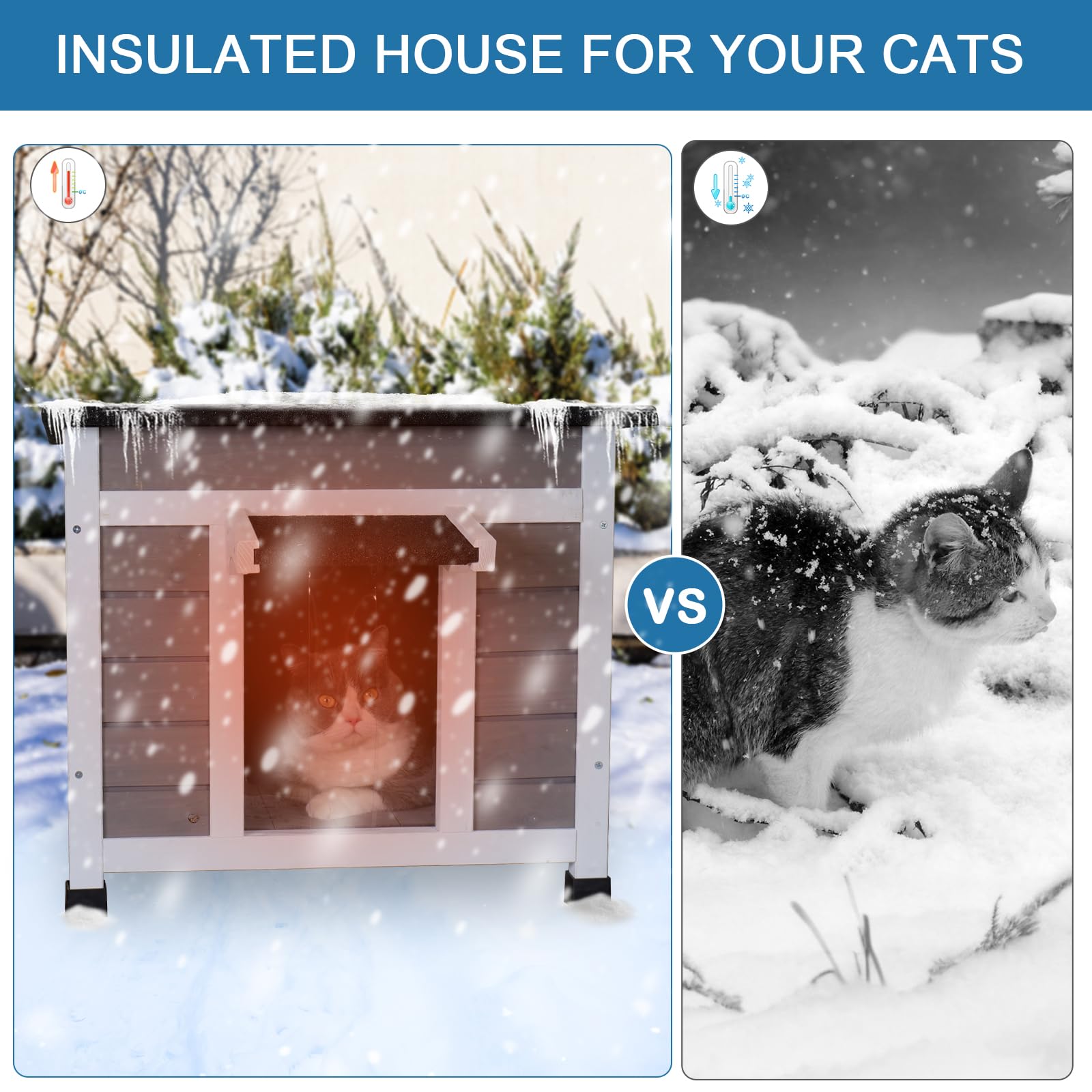 Funxplore Outdoor Cat House Insulated Feral Cat Shelter Weatherproof Outside Cat Enclosure For Winter Gray