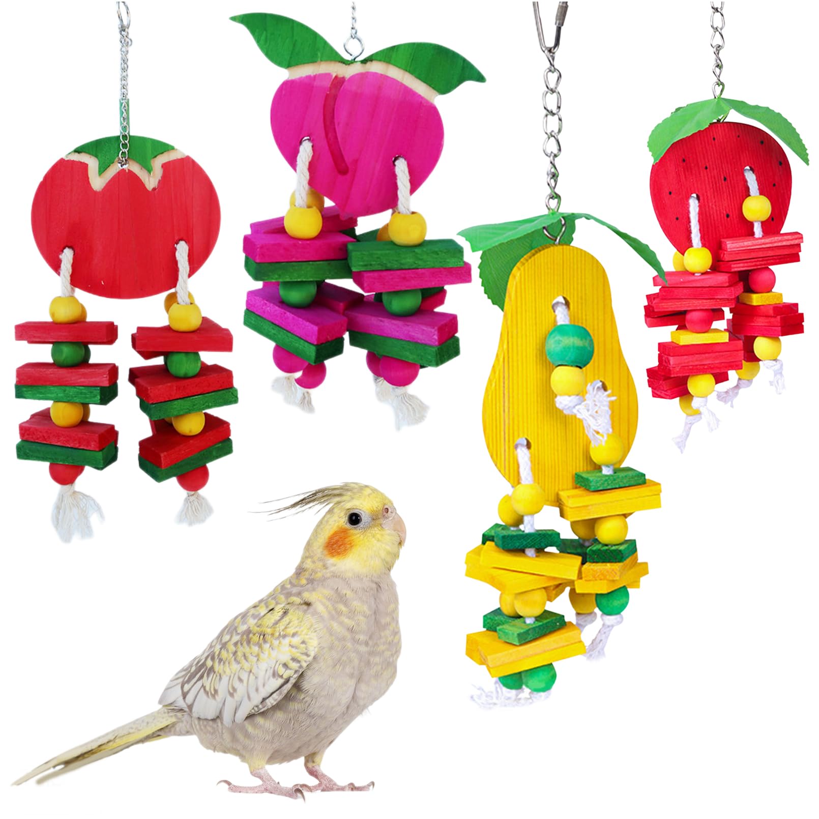 Hamiledyi Natural Wood Block Bird Cage Toys Parrot Chewing Toy Tomato&Peach&Pear&Strawberry Shaped Hanging Foraging Toy For Smal