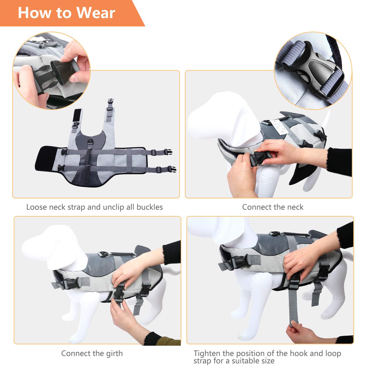 Asenku Dog Life Jacket Pet Life Safety Vest For Swimming Boating, Dog Shark Life Jackets Dog Lifesavers Swimsuits For Pool, Dog Water Floatation Vest For Small Medium Large Dogs, Gray, Small