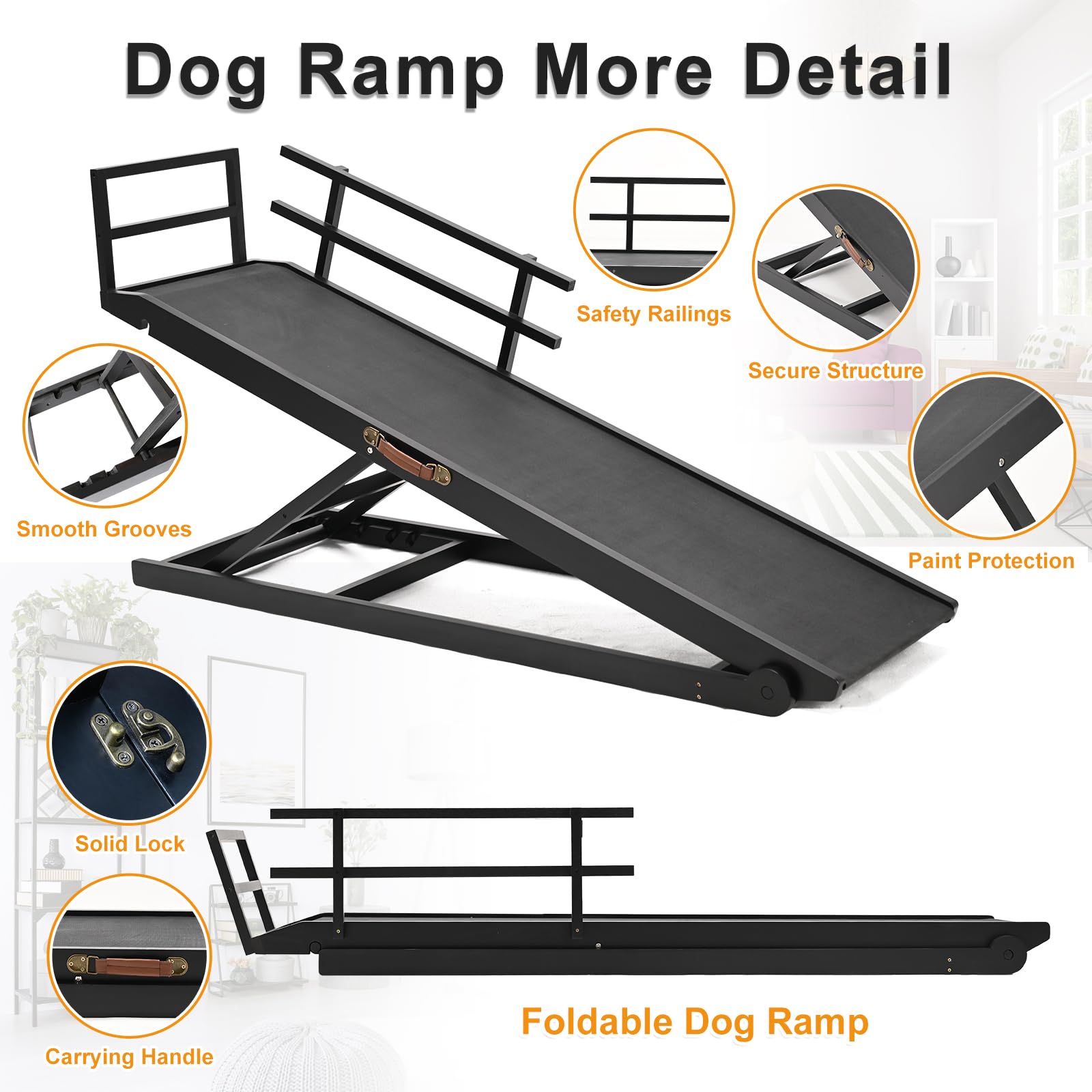 Adjustable Pet Ramp For Dogs - Large Bed/Couch/Car Ramp With Safety Rails - 17'' To 32'' Height