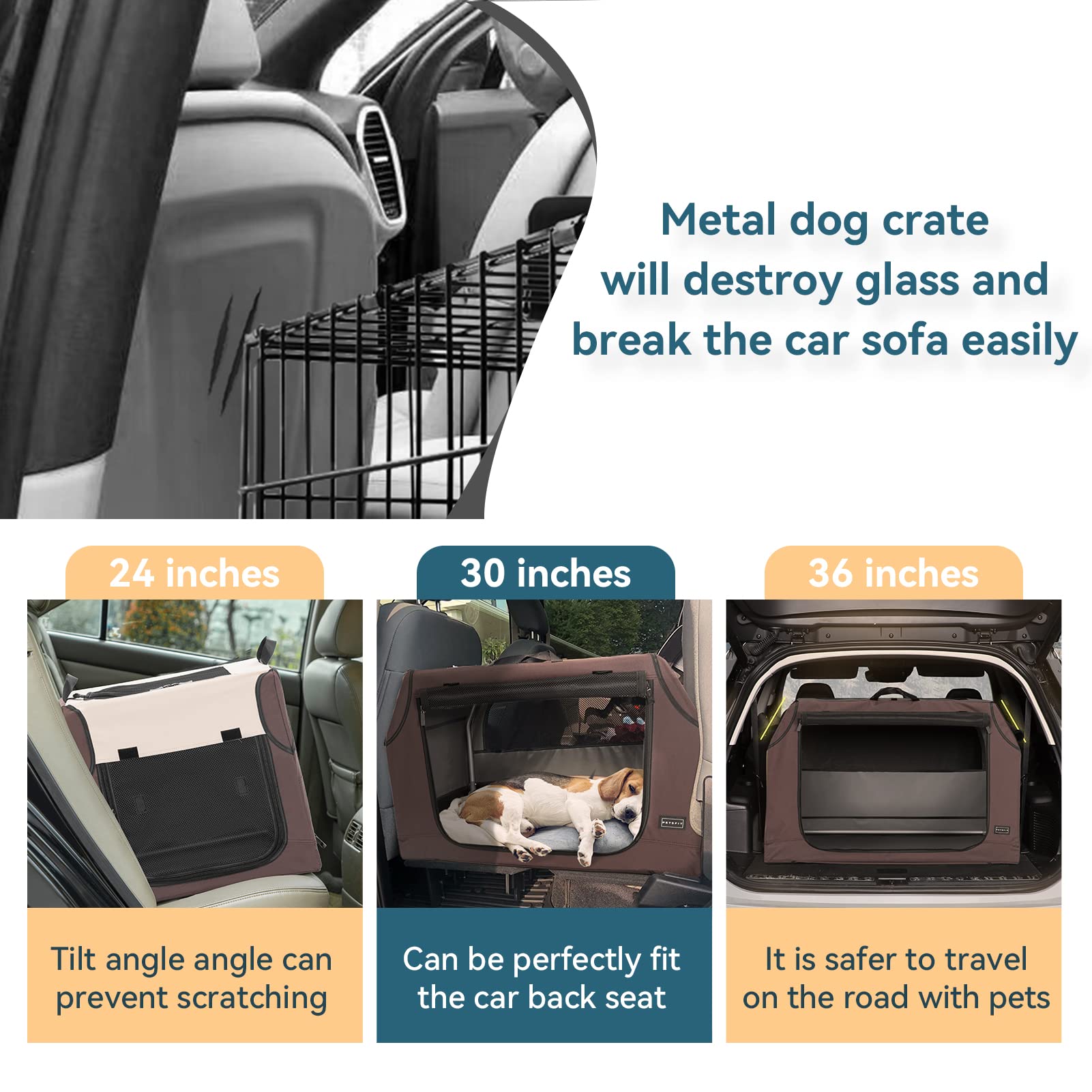 PETSFIT Portable Dog Crate, Soft Sided Dog Crate - 36 Inch Sturdy Adjustable Structure, Easy to Set Up, Collapsible Dog Car Kenn