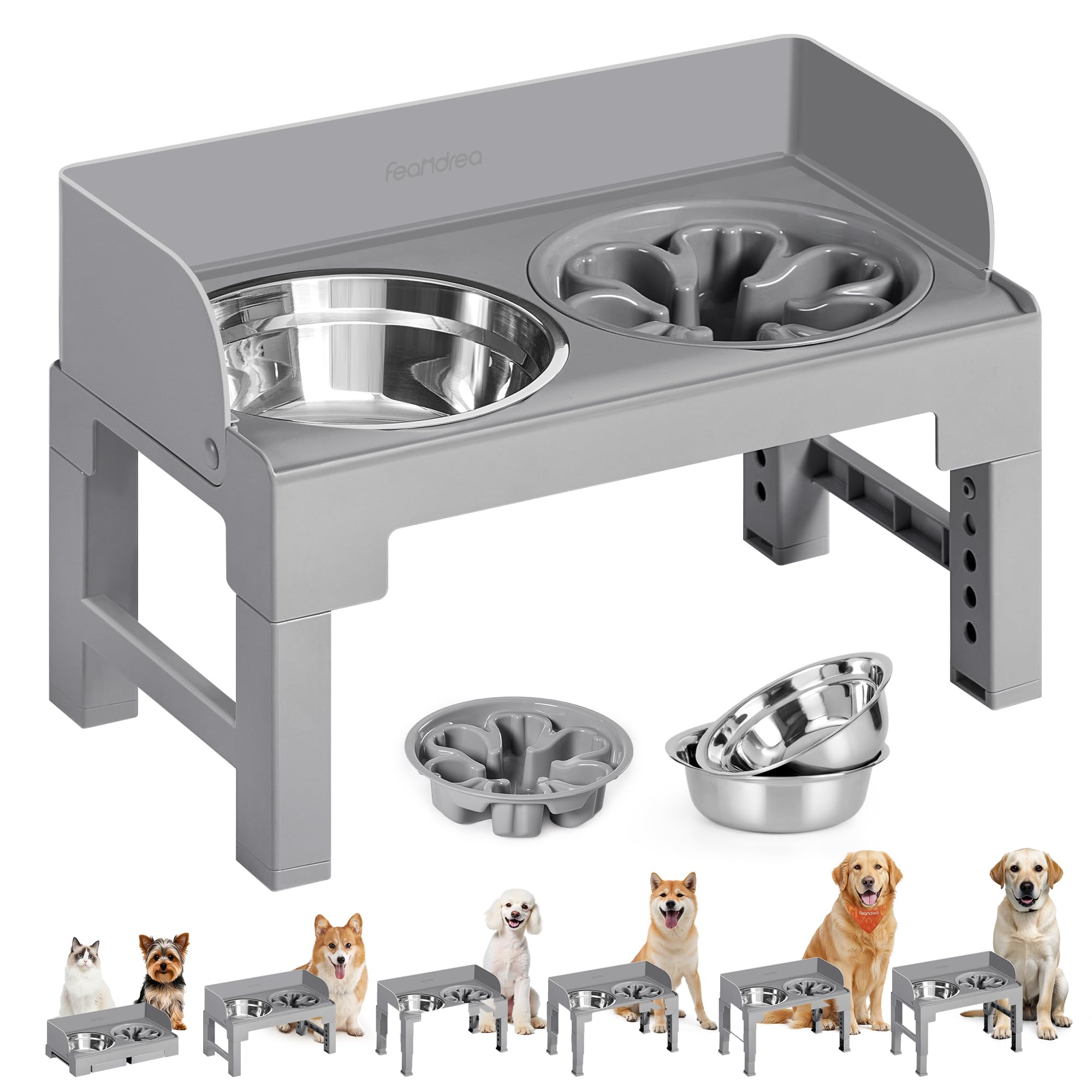 Feandrea Dog Bowls Elevated, Raised Stand with 1 Slow Feeder and Two 304 Stainless Steel Bowls, Adjustable Height and Tilted Des