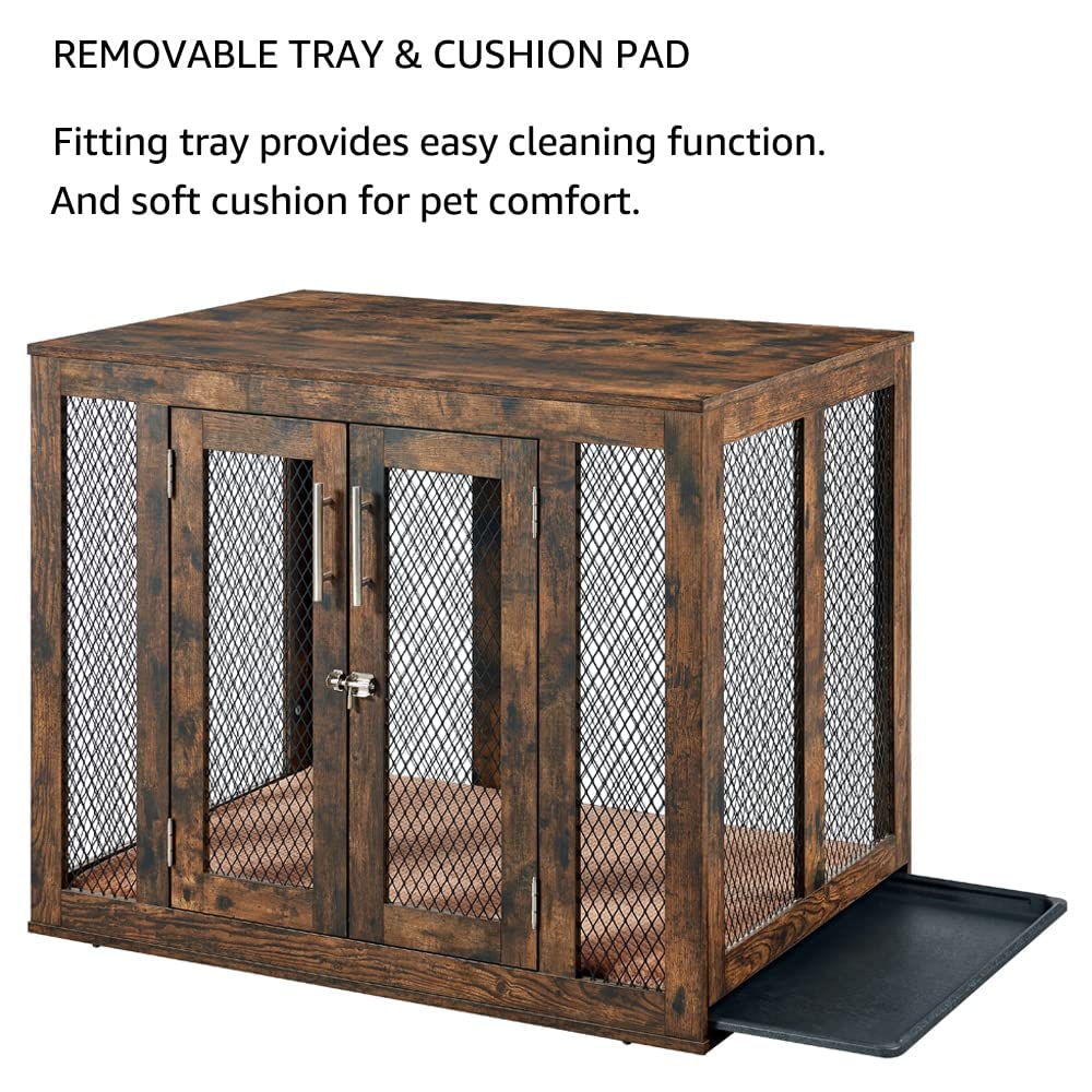 unipaws Large Rustic Dog Crate - Engineered Wood Kennel, 38.6"L x 27.9"W x 31.1"H, Modern Decorative Design, Model UH5148
