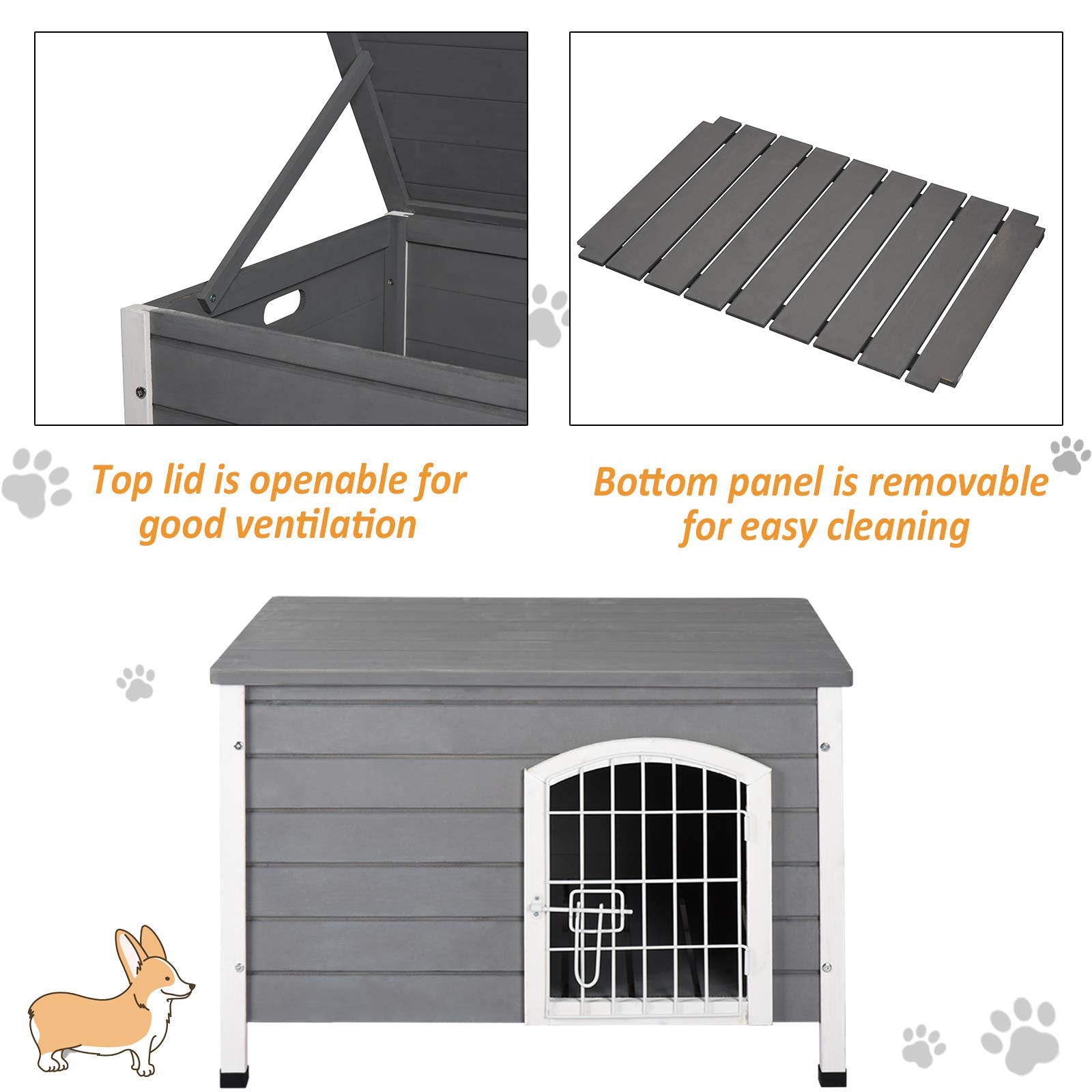 Pawhut Wooden Dog Kennel Crate Pet House Wire Door Openable Top Removable Bottom Grey 80 X 55 X 53.5Cm