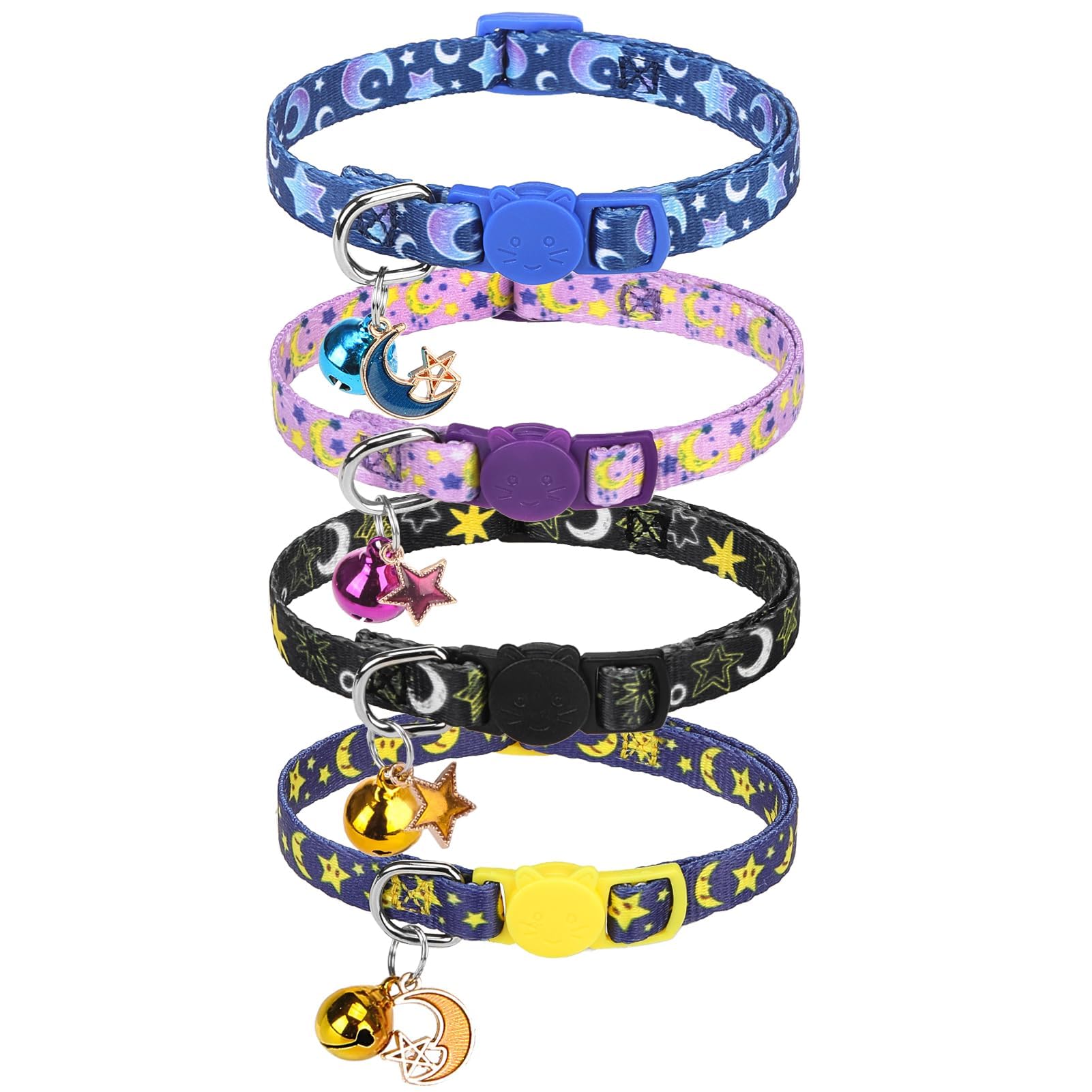 Scenereal Cute Cat Collar With Bell Breakaway, 4 Pack Star And Moon Pendant Spring Pet Collar For Girl Boy Cats, Adjustable Safe