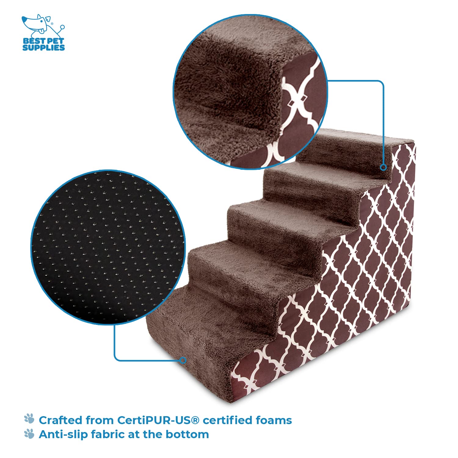 Best Pet Supplies Dog Stairs For Small Dogs & Cats, Foam Pet Steps Portable Ramp For Couch Sofa And High Bed Non-Slip Balanced Indoor Step Support, Paw Safe No Assembly - Brown Lattice Print, 5-Step