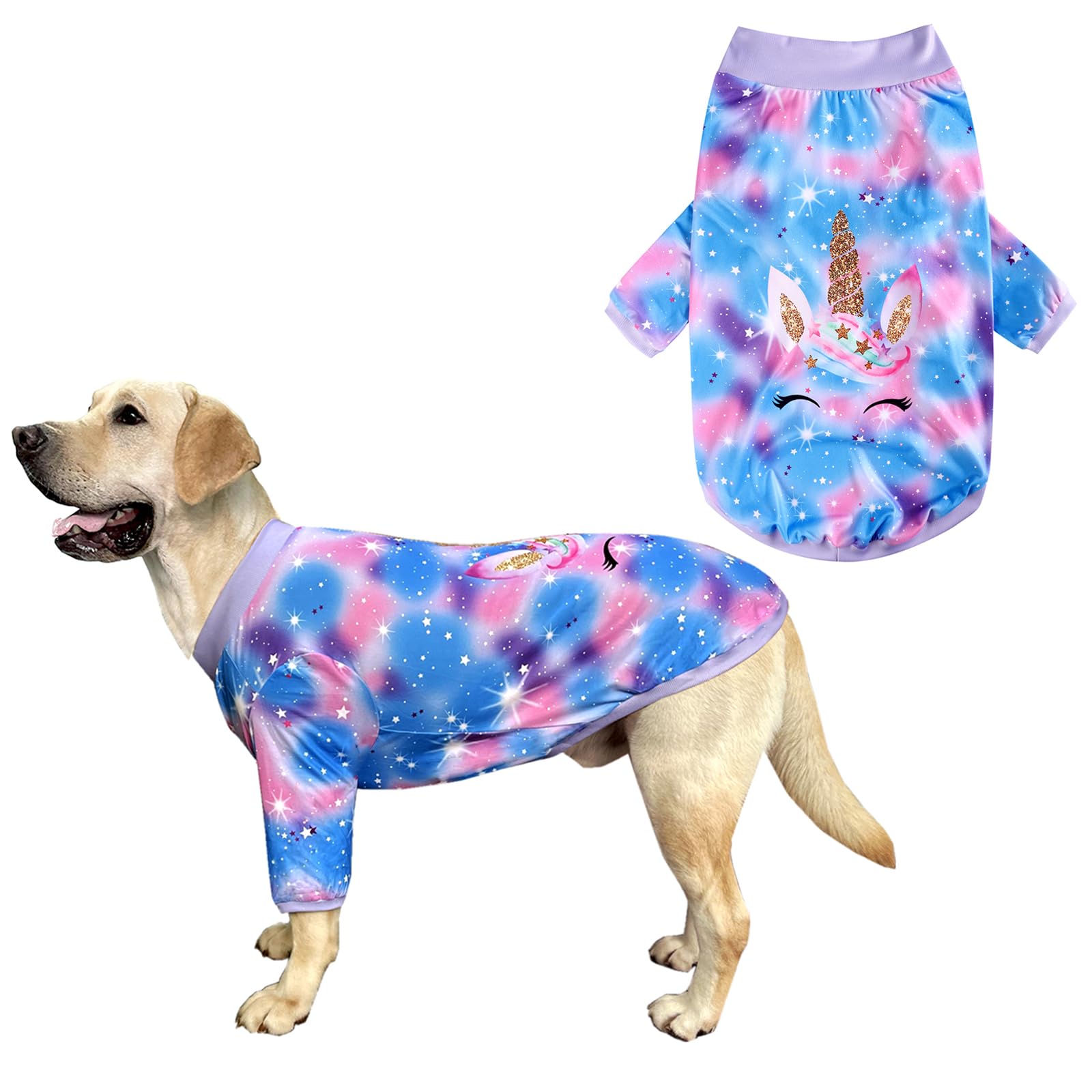 PriPre Dog Blue Purple Tiedye T Shirts Shining Unicorn Pattern Printed Pet Shirt Softable Pajamas for Large Dogs (XXL, Blue)