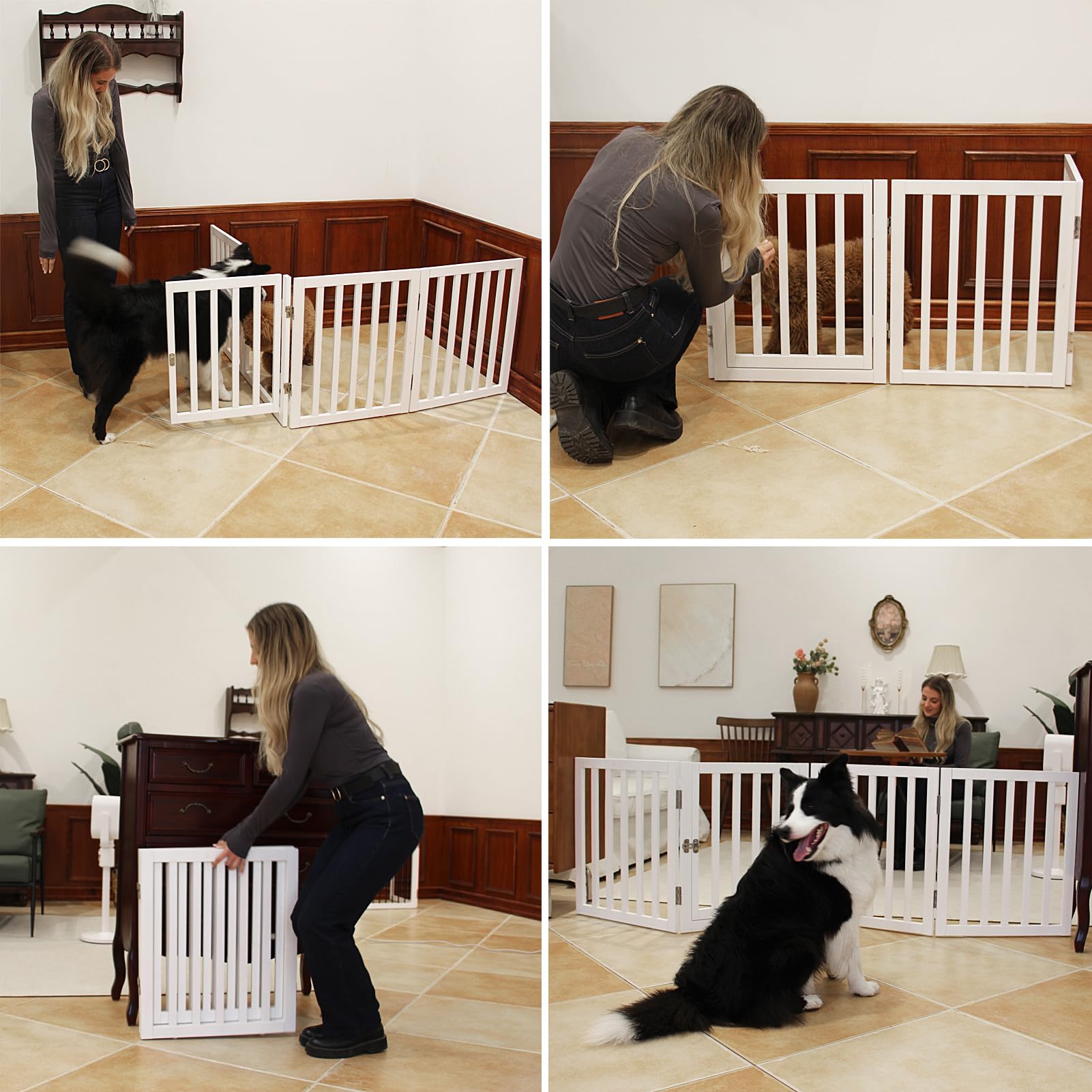 Sfjc Freestanding Foldable Dog Gate Indoor With Door, Wooden White Dog Fence For Doorway, Stairs, House, Or Room, Pet Gate With