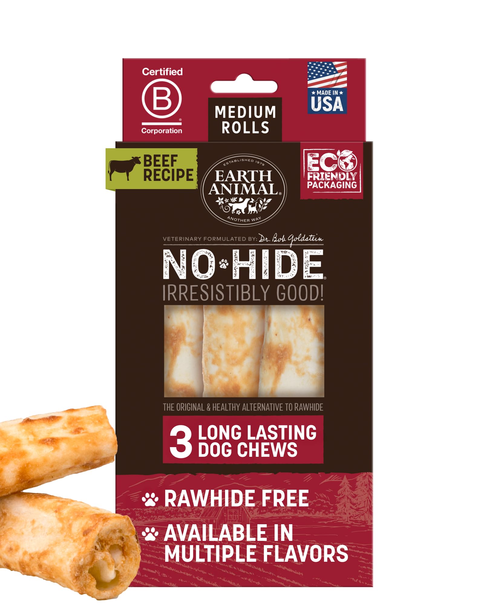 Earth Animal No Hide Chews - Long Lasting Rawhide Free Medium Dog Chews Rolls, Beef - 3 Count Value Pack