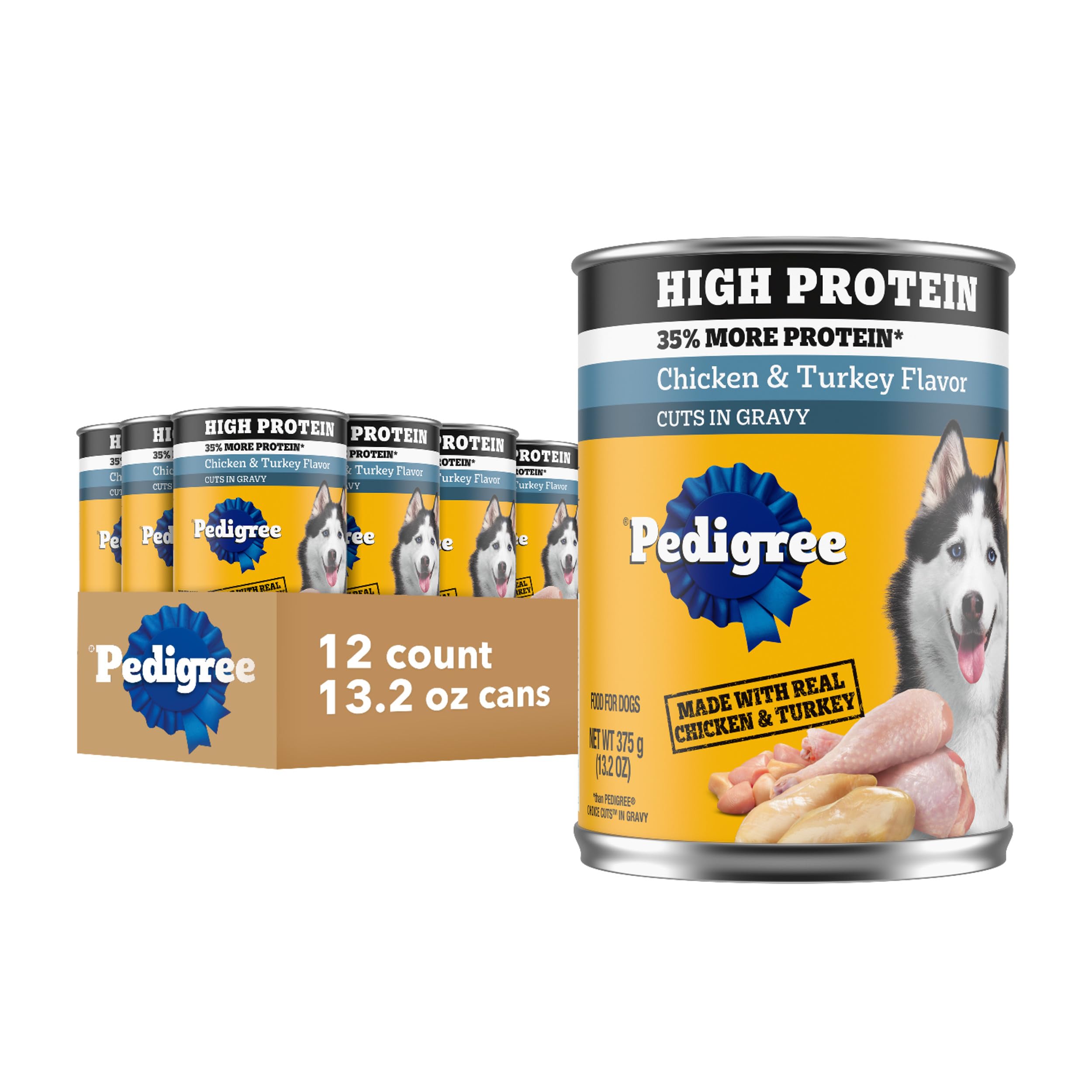 Pedigree High Protein Adult Soft Wet Dog Food, Chicken & Turkey Flavor In Gravy, 13.2 oz. Cans (12 Count, Pack of 1)