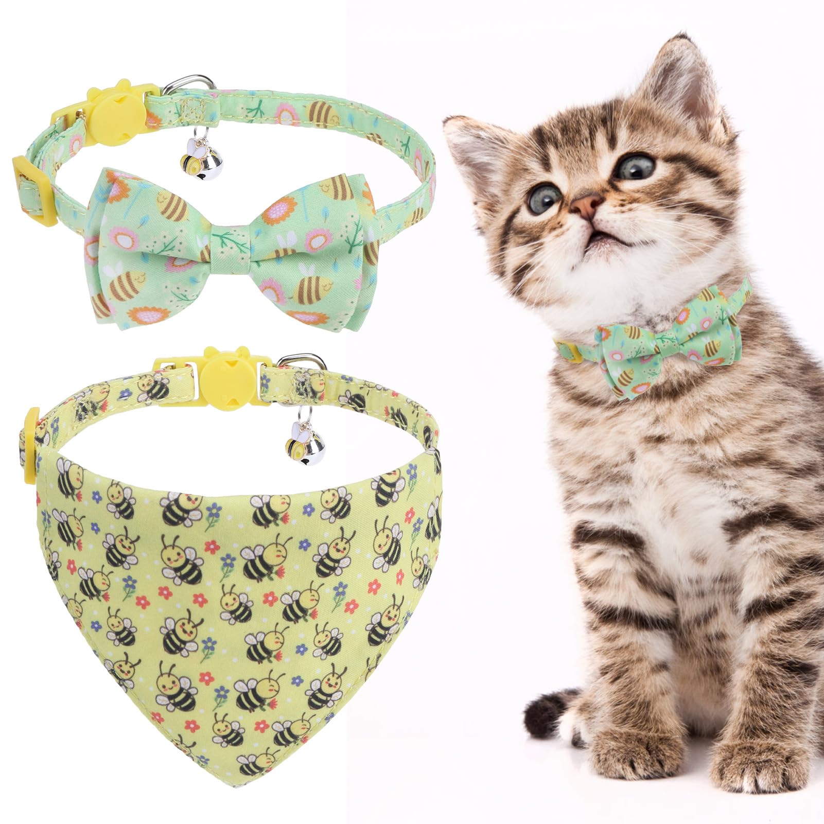 Expawlorer Spring Cat Collar Breakaway With Bells - 2 Pack Cute Flower Pet Collar With Removable Bow Tie And Bandana, Adjustable