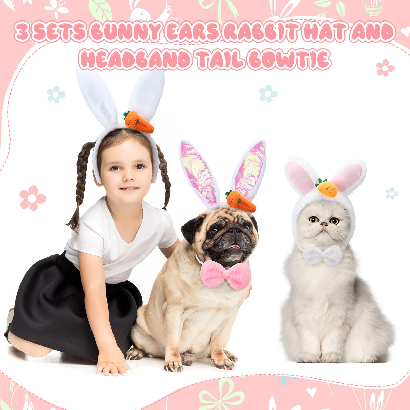 Weewooday 3 Set Dog Bunny Ears Easter Costume, Dog Headband Cat Rabbit Ear Hat Cute Pet Bow Collar Puppy Plush Tail For Pet East