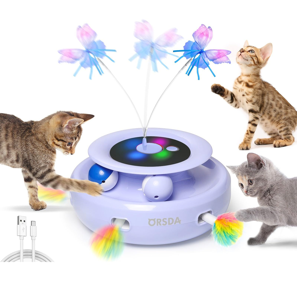 Orsda Cat Toy, 3-In-1 Automatic Interactive Electronic Moving Ambush Feather, Fluttering Butterfly, Track Balls, Usb Rechargeable Powered Smart Indoor Exercise Kicker