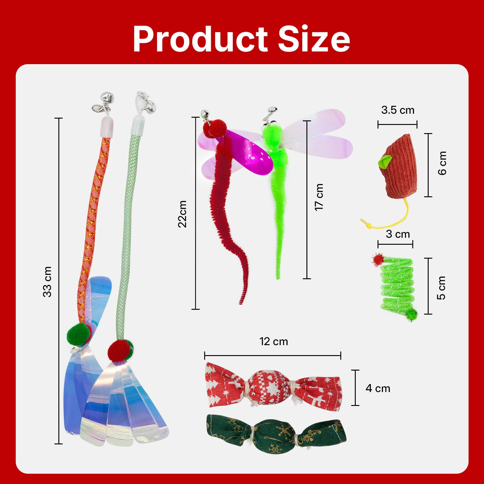 Cat Toy Box For Indoor Cats - 8 Pcs In 1 Pack, Including 2 Cat Wand Replacement Toys, 2 Catnip Kicker Red/Green, 1 Mouse Toy, 1