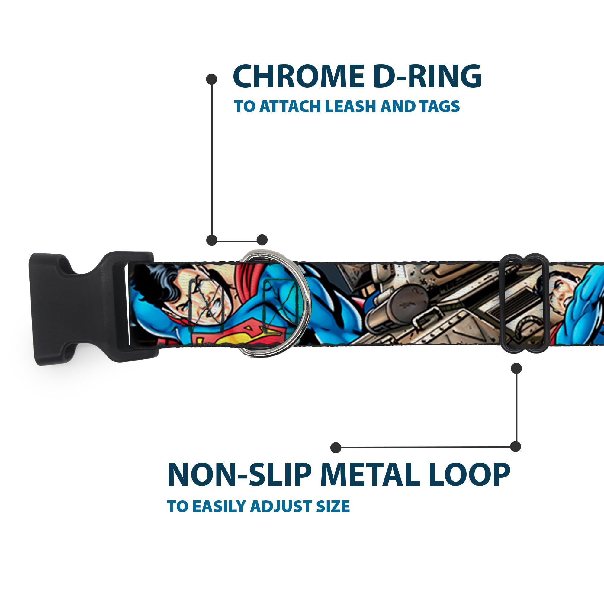 Buckle-Down Dog Collar Plastic Clip Superman Metropolis Face Off 18 To 32 Inches 1.5 Inch Wide, Multicolor