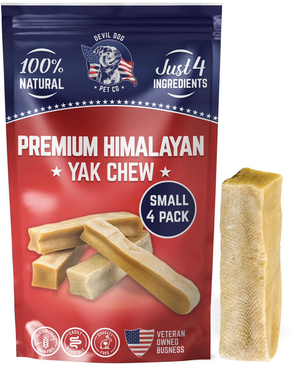 Devil Dog Pet Co Yak Cheese Dog Chews - Premium All Natural Dog Treats For Aggressive Chewers - Long Lasting, Limited Ingredient And Odorless - Usa Veteran Owned Business (Small - 4 Pack)