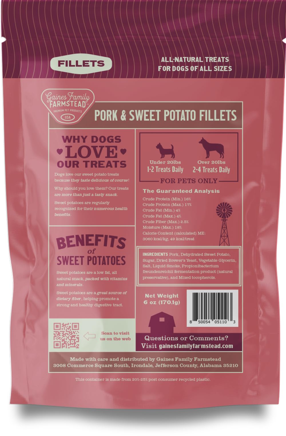 Gaines Family Farmstead Pork & Sweet Potato Fillets - Limited Ingredient, High Protein Dog Treats, Grain-Free, Made in USA, 6 oz