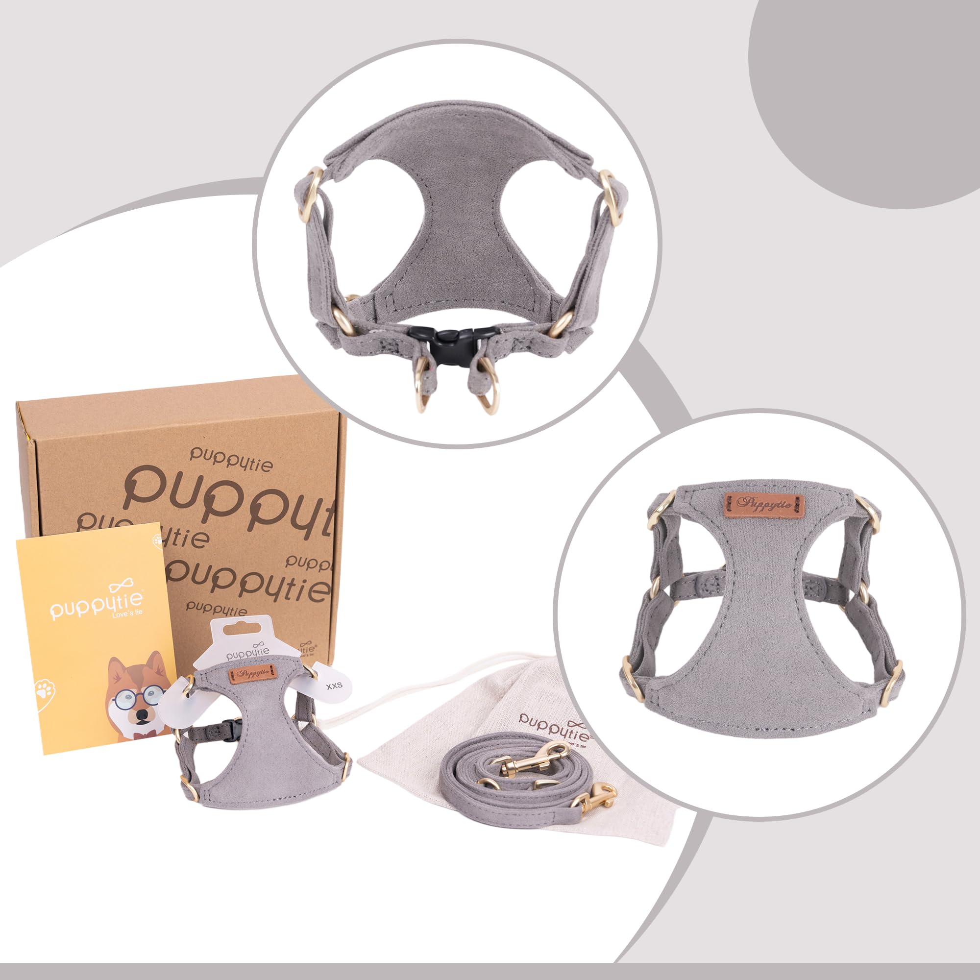 Puppytie No Pull Xxs Puppy Harness With Multifunction Dog Leash,Soft Adjustable No Choke Escape Proof Pet Harness Vest,Silver Gr