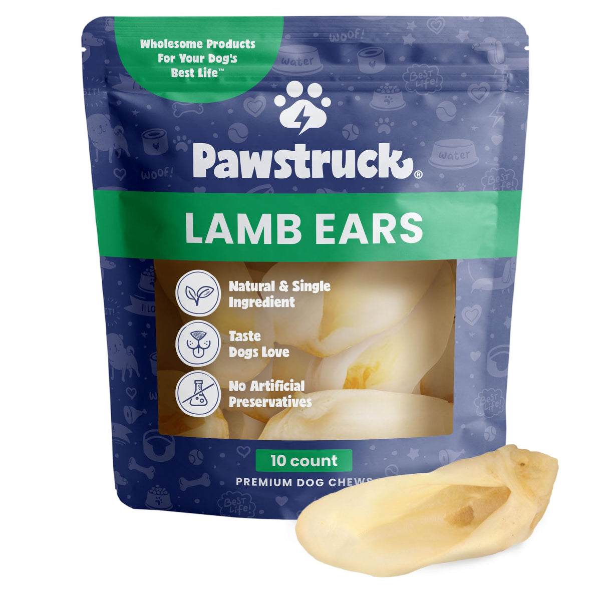 Pawstruck Natural Lamb Ears Chew Treats For Small & Medium Dogs - Healthy, Low Fat, No Artificial Preservatives, Single Ingredient, Highly Digestible Animal Ear - 10 Count - Packaging May Vary