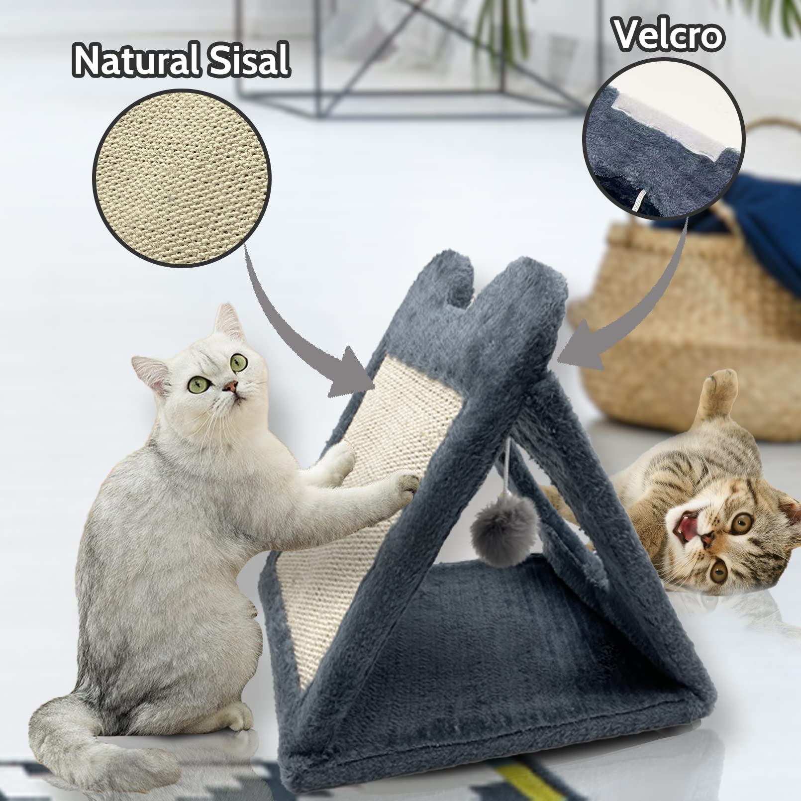 Fhiny Triangle Cat Scratching Post, Natural Sisal Cat Standing Scratch Board With Hanging Plush Ball Toy Pet Cave Nest Indoor Cats Pads Activity Center For Keeping Away From Furniture