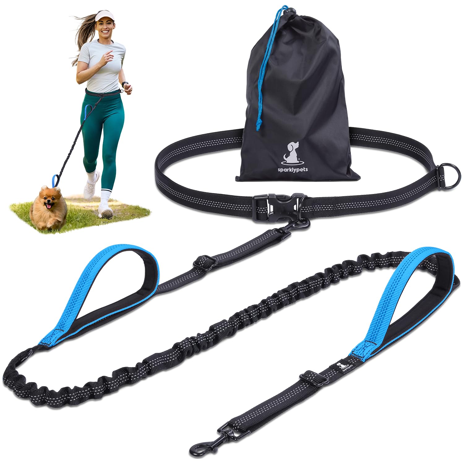 Sparklypets - Hands Free Dog Leash With Reflective Stitches - Waist Leash For Dog Walking, Hiking, Training, Jogging, Canicross,