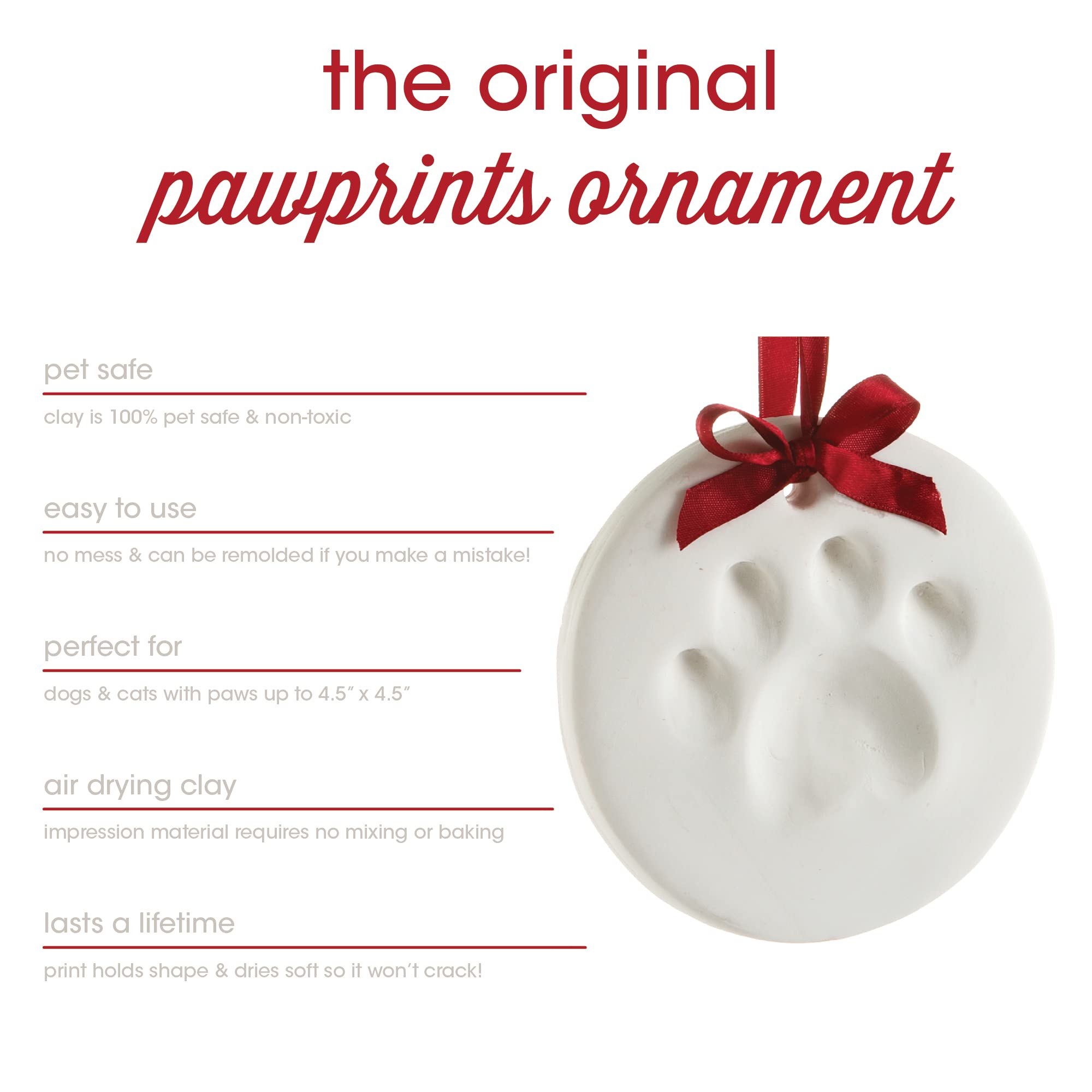 Pearhead Clay Pawprint Christmas Ornament, Pet Owner Holiday Gift, Dog Or Cat Paw Print Keepsake, Diy Pawprint Hanging Ornament, Classic Red Ribbon