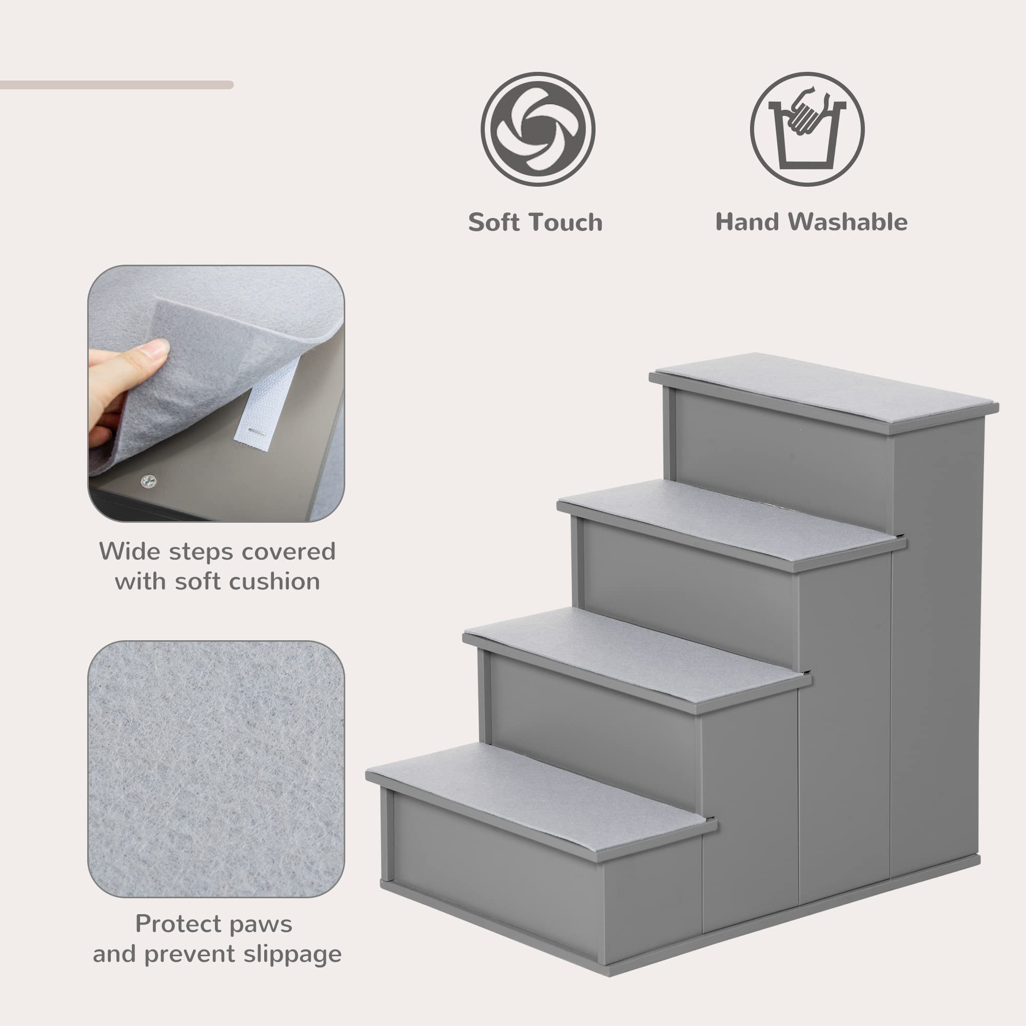 PawHut 4 Step Wooden Cushioned Pet Stairs Ramp Steps for Dogs, Cat Ladder for Bed Couch with Non-Slip Carpet, 40 x 59 x 54.2 cm,
