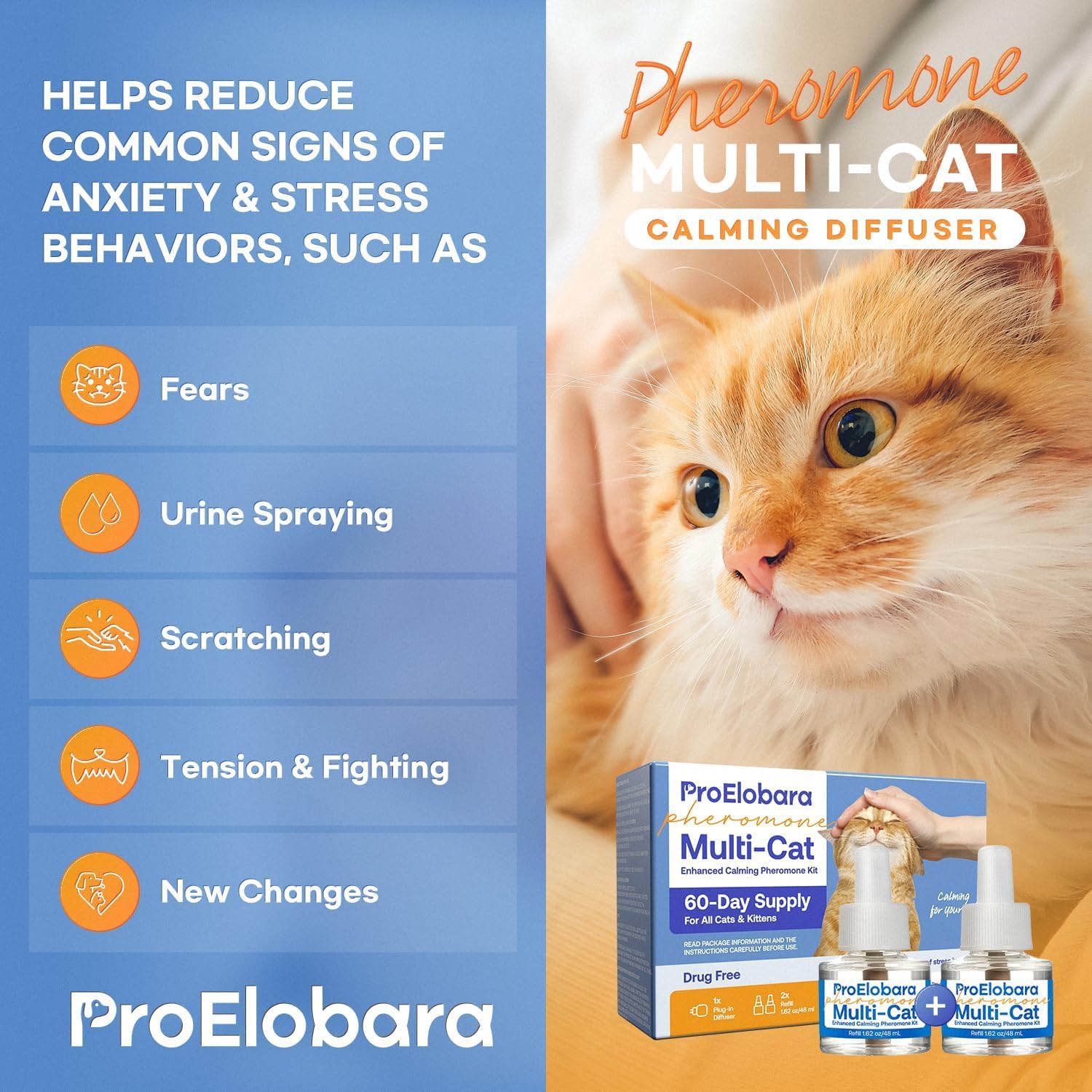 ProElobara Cat Calming Pheromone Diffuser: Cat Calming Pheromones Diffusers - Reduces Stress & Anxiety with Calming Pheromones