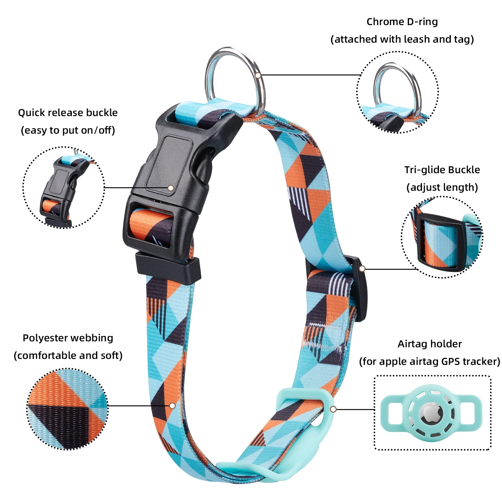 Konity Airtag Dog Collar, Polyester Puppy Collar With Silicone Holder, Stylish Patterns Pet Case For Cat Small, Medium, Large, A