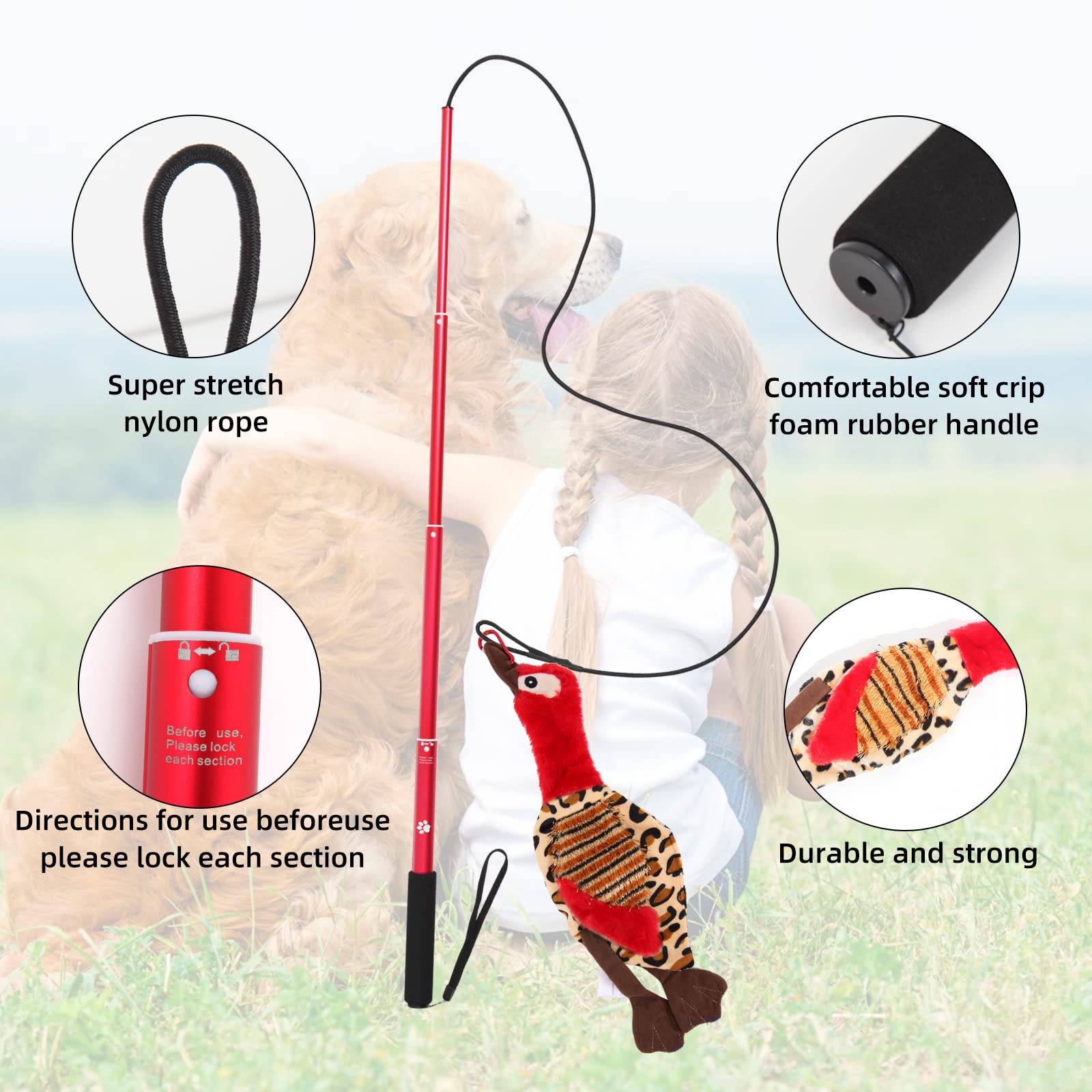 Amyese Interactive Dog Toys - Extendable Flirt Pole With 2Pcs Squeaky Plush Toy Tugs Red Green For Dog Outdoor Entertainment, Train And Exercise