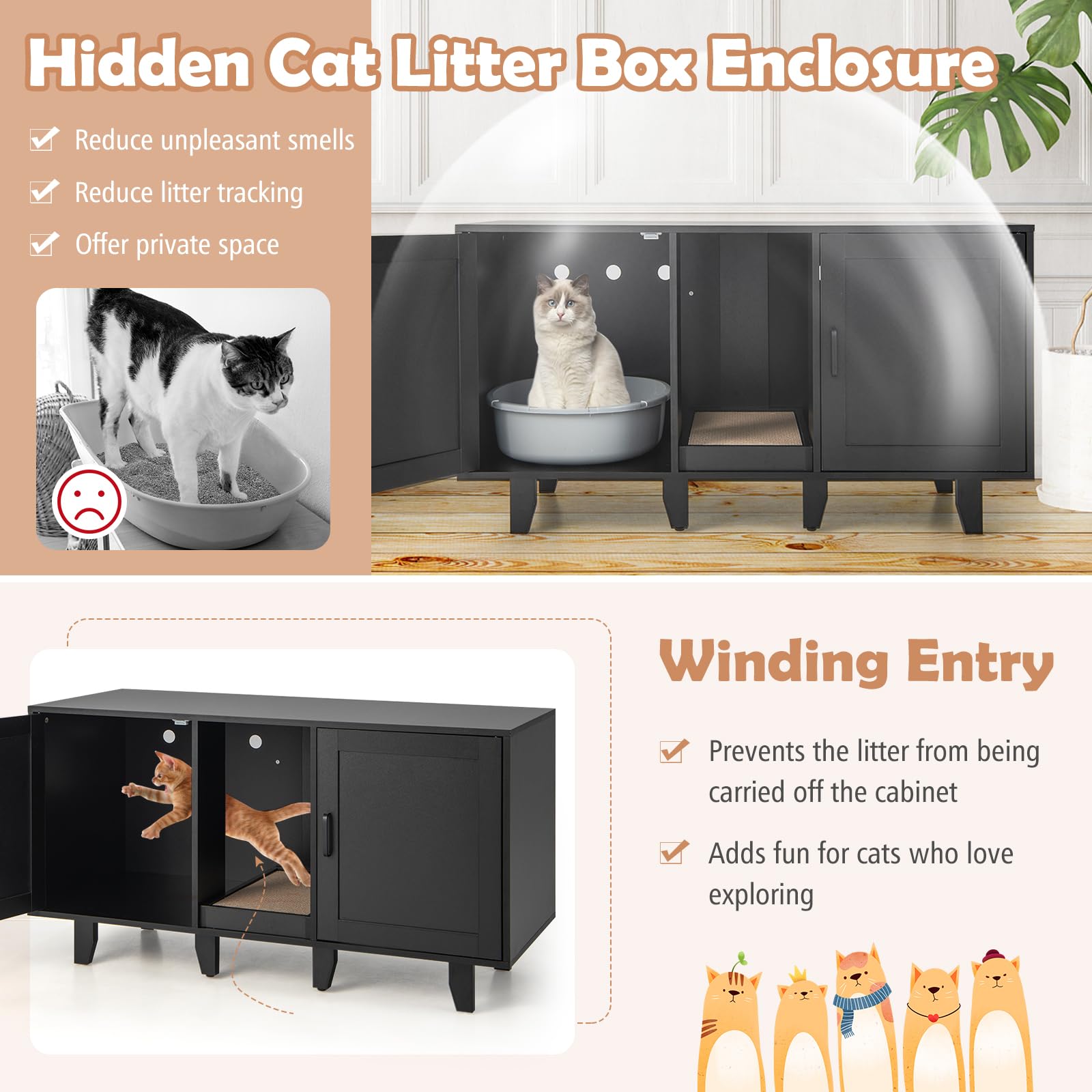 Petsite Litter Box Enclosure For 2 Litter Boxes, Hidden Cat Washroom Tv Stand End Table With 2 Cabinet, Scratching Board, Indoor Cat Litter Furniture (Rustic Brown)