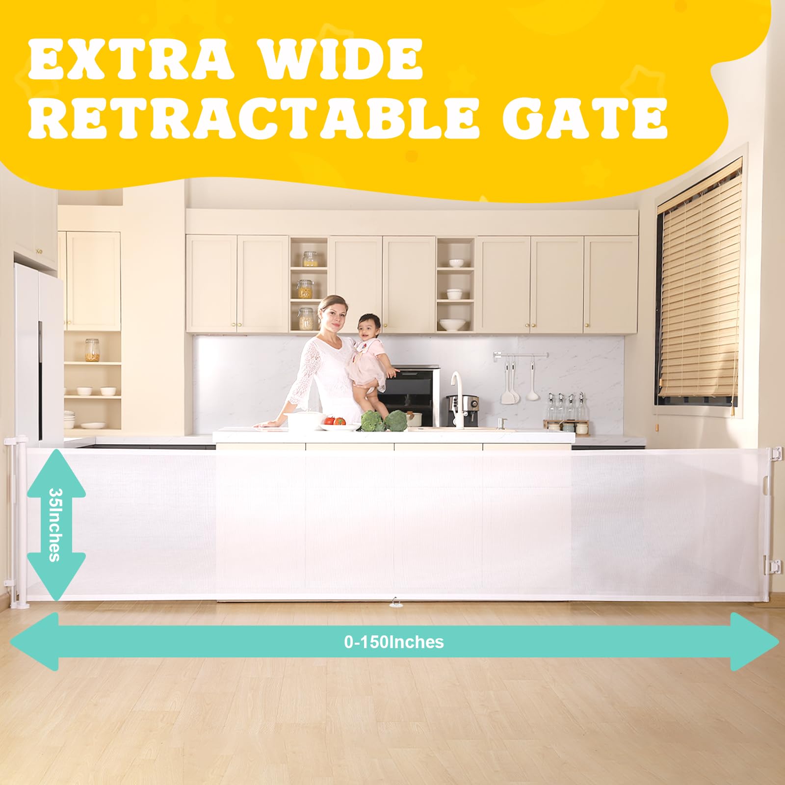 150 Inches Extra Wide Retractable Baby Gates, Baby Gates for Large Openings, Stairs, Hallways and Doorways, Dog Gates for The Ho