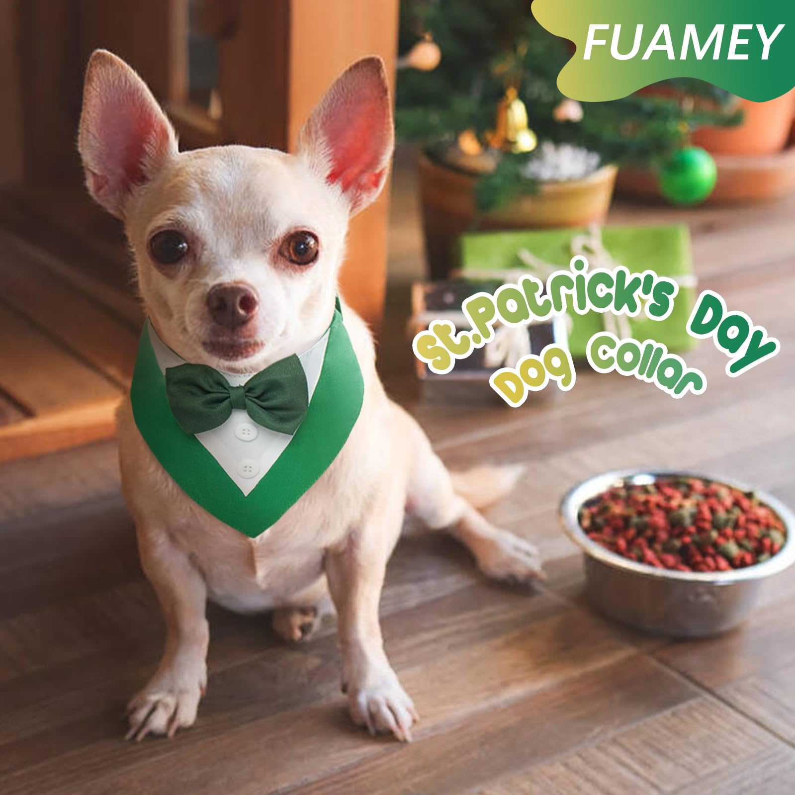 FUAMEY St.Patrick's Day Dog Tuxedo,Pet Green Collar Puppy Costume Adjustable Dog Bandana Cosplay Party Doggie Bibs,Irish Lucky D