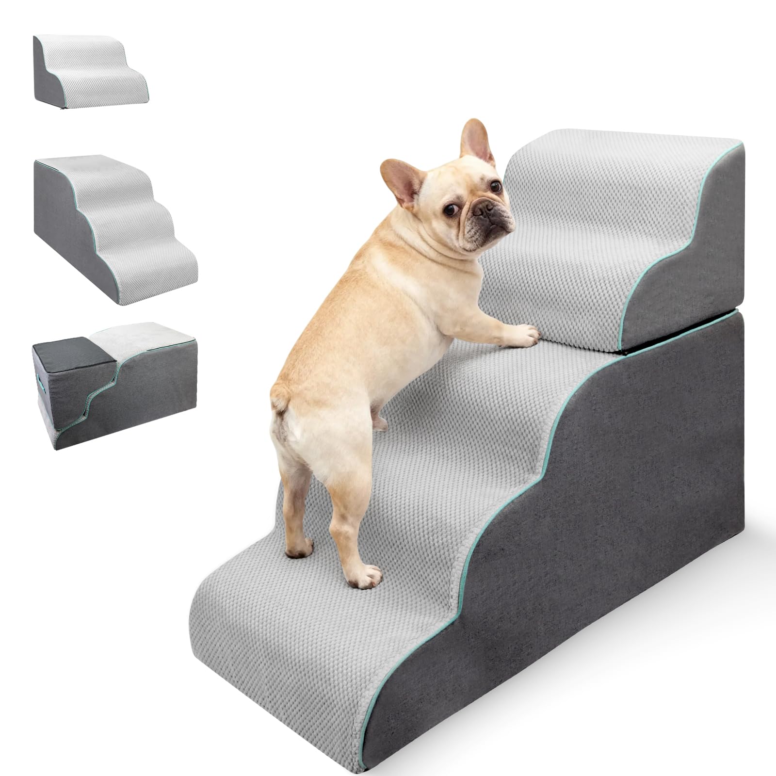 DAORDAER Dog Stairs Ramp for Small Dogs,5-Step Dog Steps,Foldable Pet Stairs for High Beds and Couch,Curved 2 in 1 with Zippers 