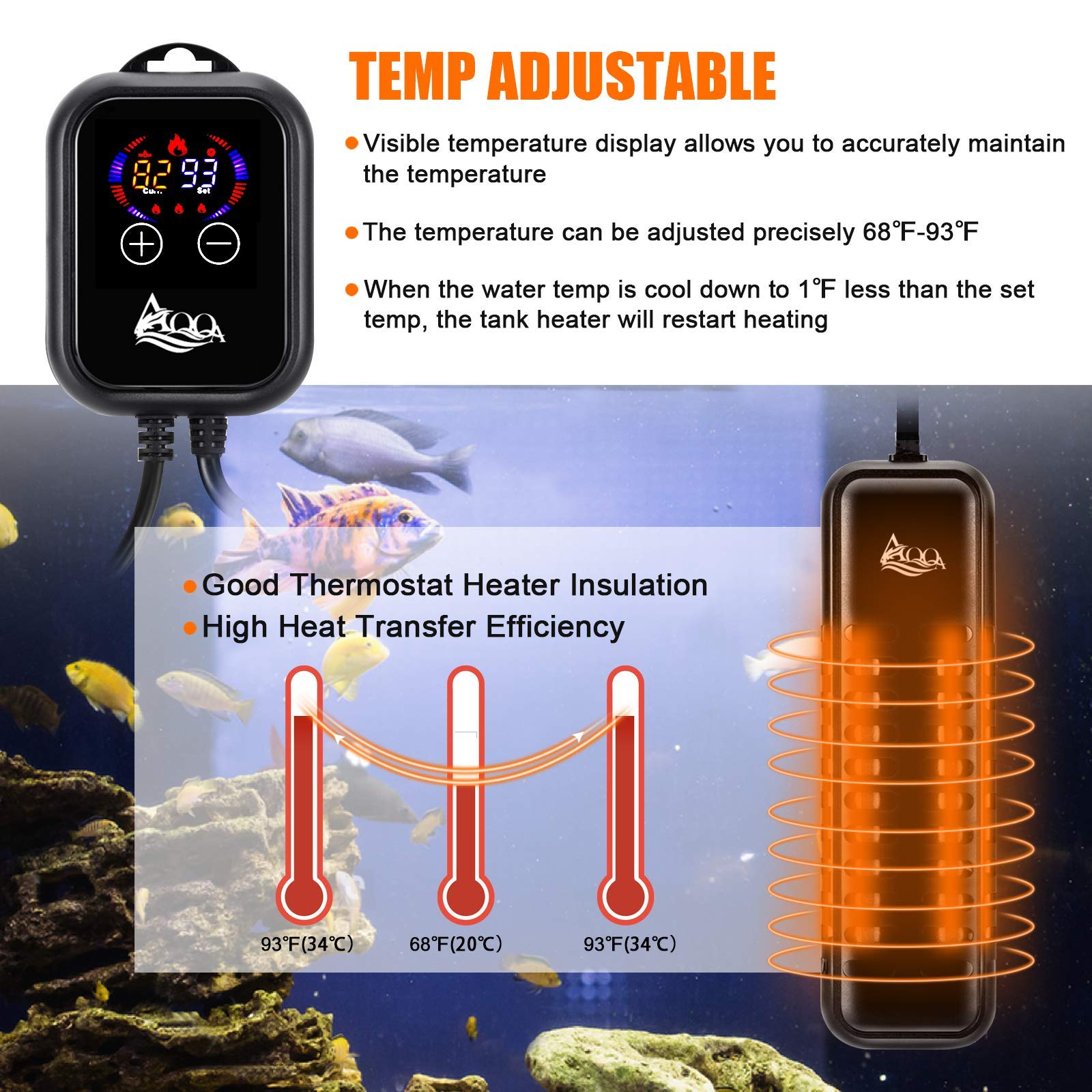 Aqqa Aquarium Heater 800W For 80-220 Gallon Fish Tank Heater Submersible Betta Fish Heater For Aquarium Thermostat Heater For Freshwater And Saltwater (800W For 80-220 Gal)