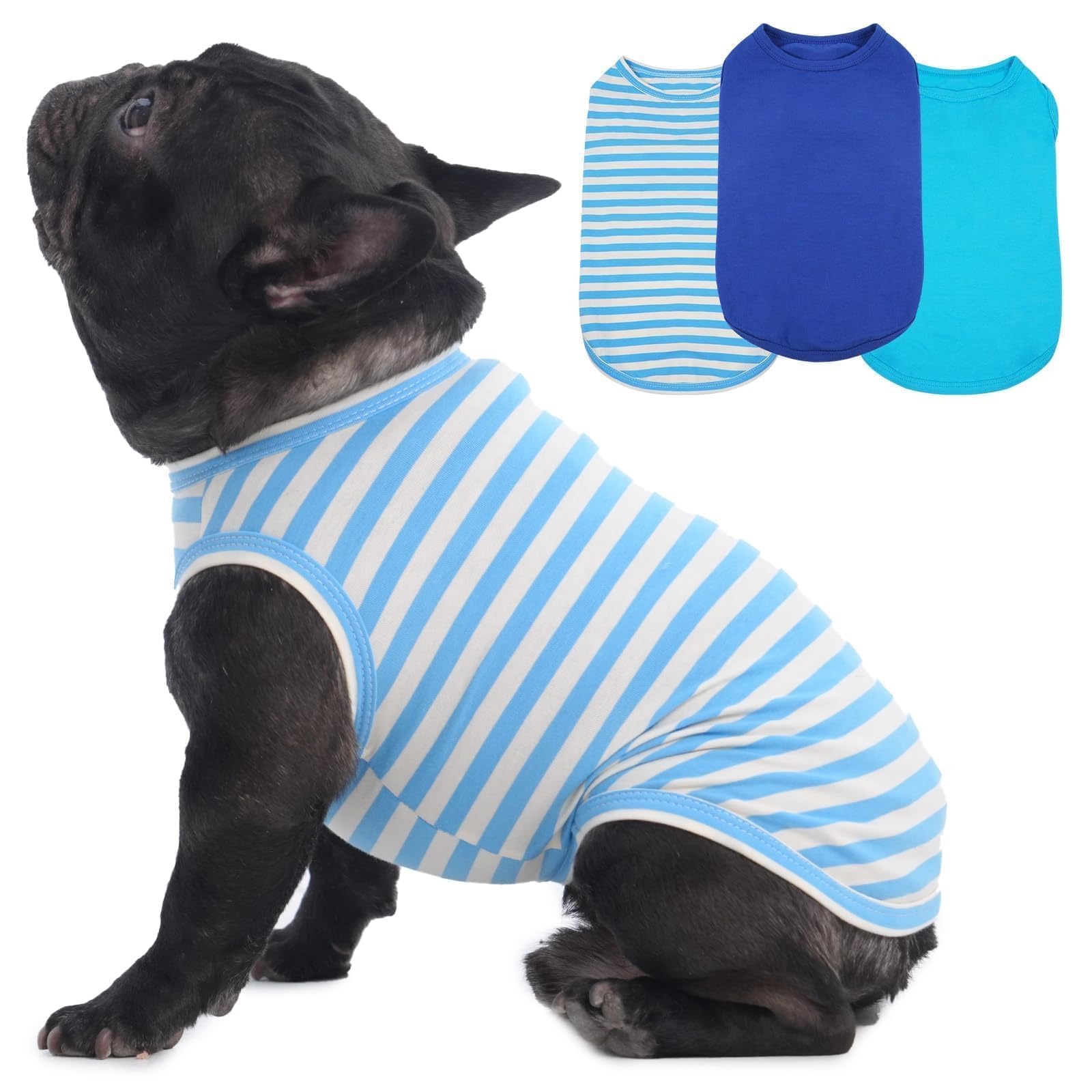 3 Pack Blue Striped And Solid Dog T Shirt For Medium Dogs Boy,Large Sleeveless French Bulldog Shirts,Spring&Summer Outing Grassl