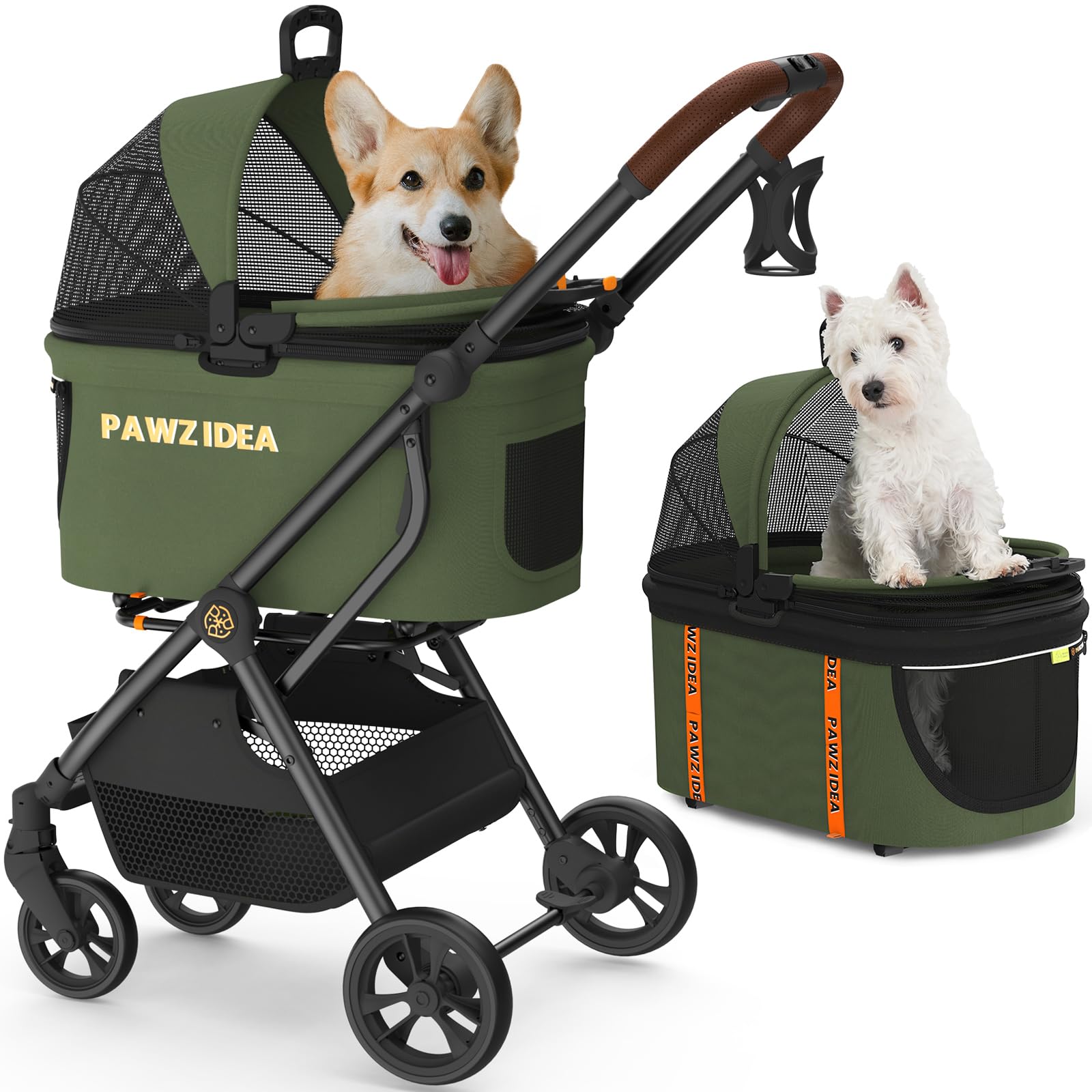 Pawzidea Cat Stroller 4 In 1, Pet Stroller For Small/Medium Dogs With Detachable Carrier Easy Lock No-Zip Canopy, Seatbelt Dog C