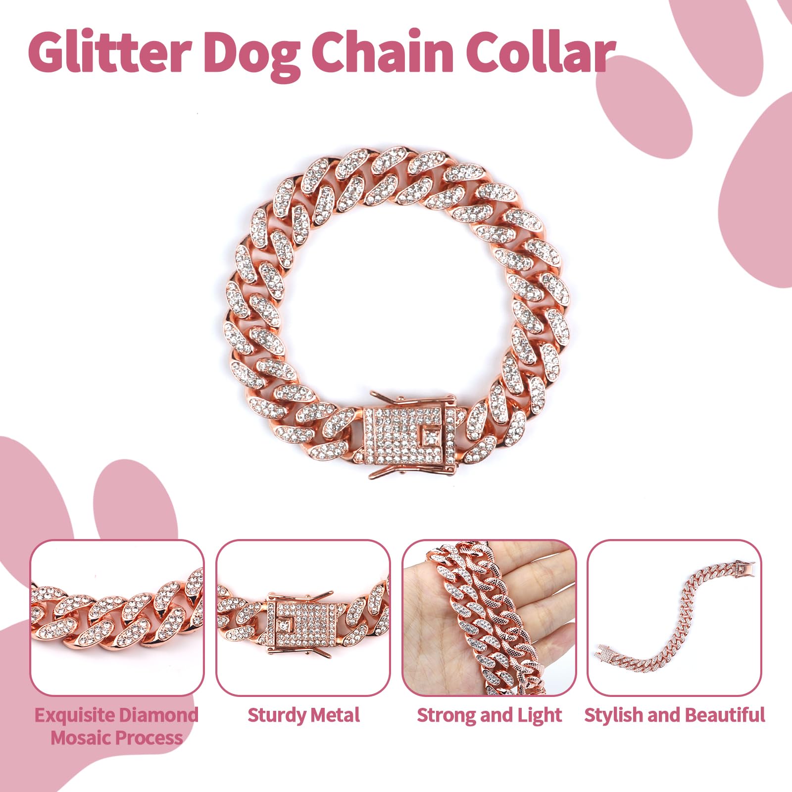 Cuban Dog Chain Collars, Rose Gold Crystal Pet Necklace, Metal Pet Necklace With Safety Buckle Lock, For Small Medium Large Dogs