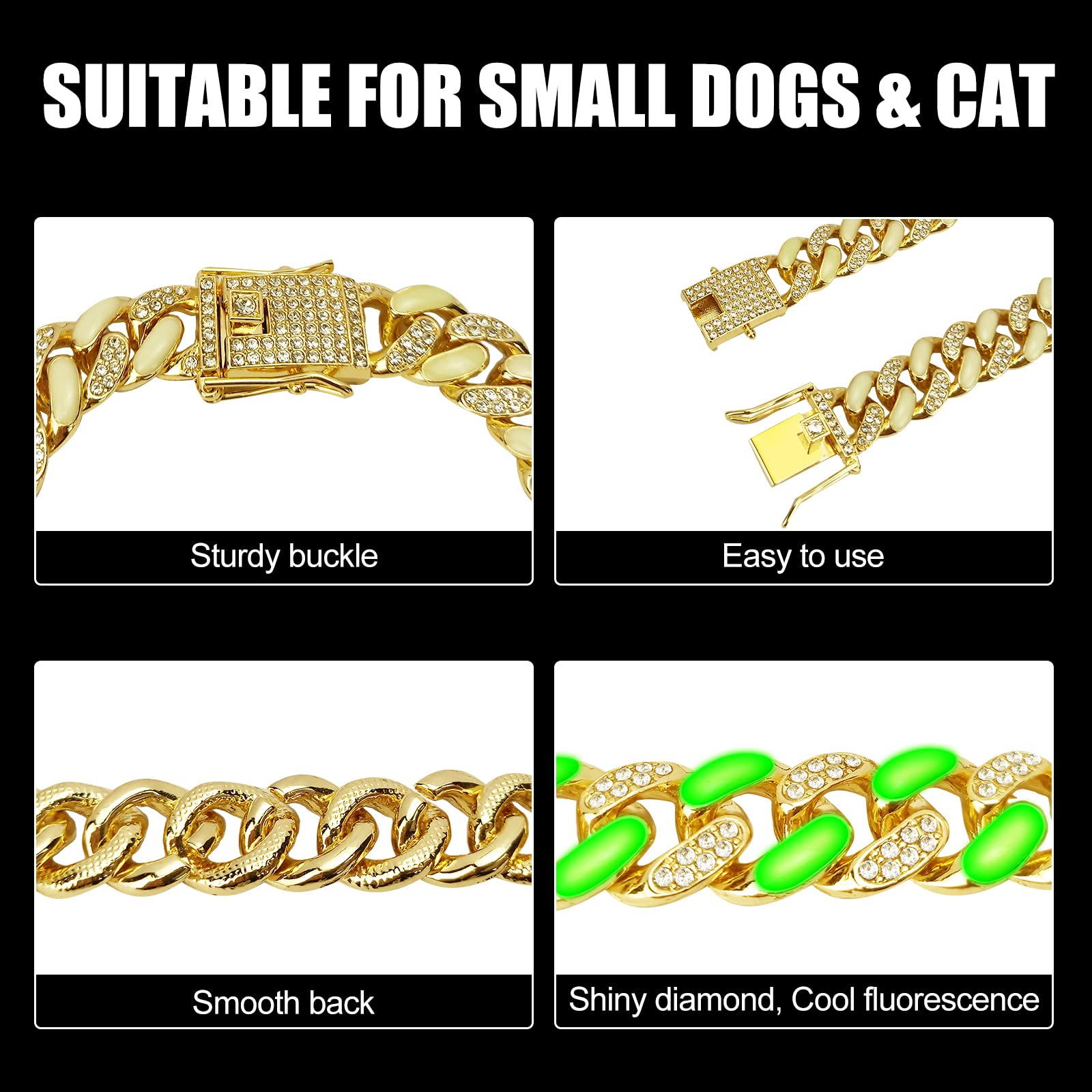 Wimupath Silver-Plated Green Diamond Dog Collar - Cuban Style Metal Chain With Secure Buckle, Luxury Durable Collar For Small/Me