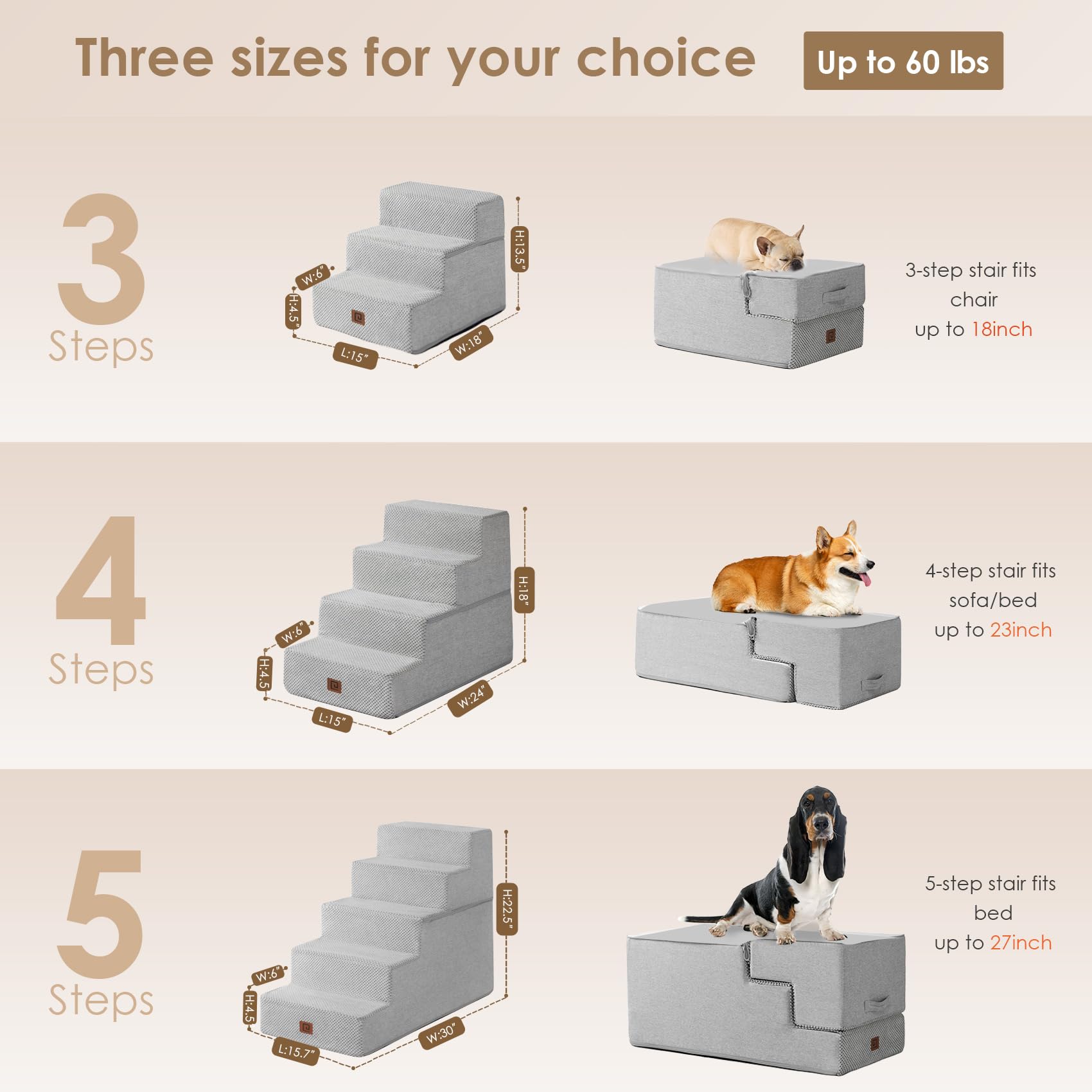 Eheyciga Dog Stairs For High Bed 22.5”H, 5-Step Dog Steps For Bed, Pet Steps For Small Dogs And Cats, Non-Slip Balanced Dog Indoor Ramp, Light Grey
