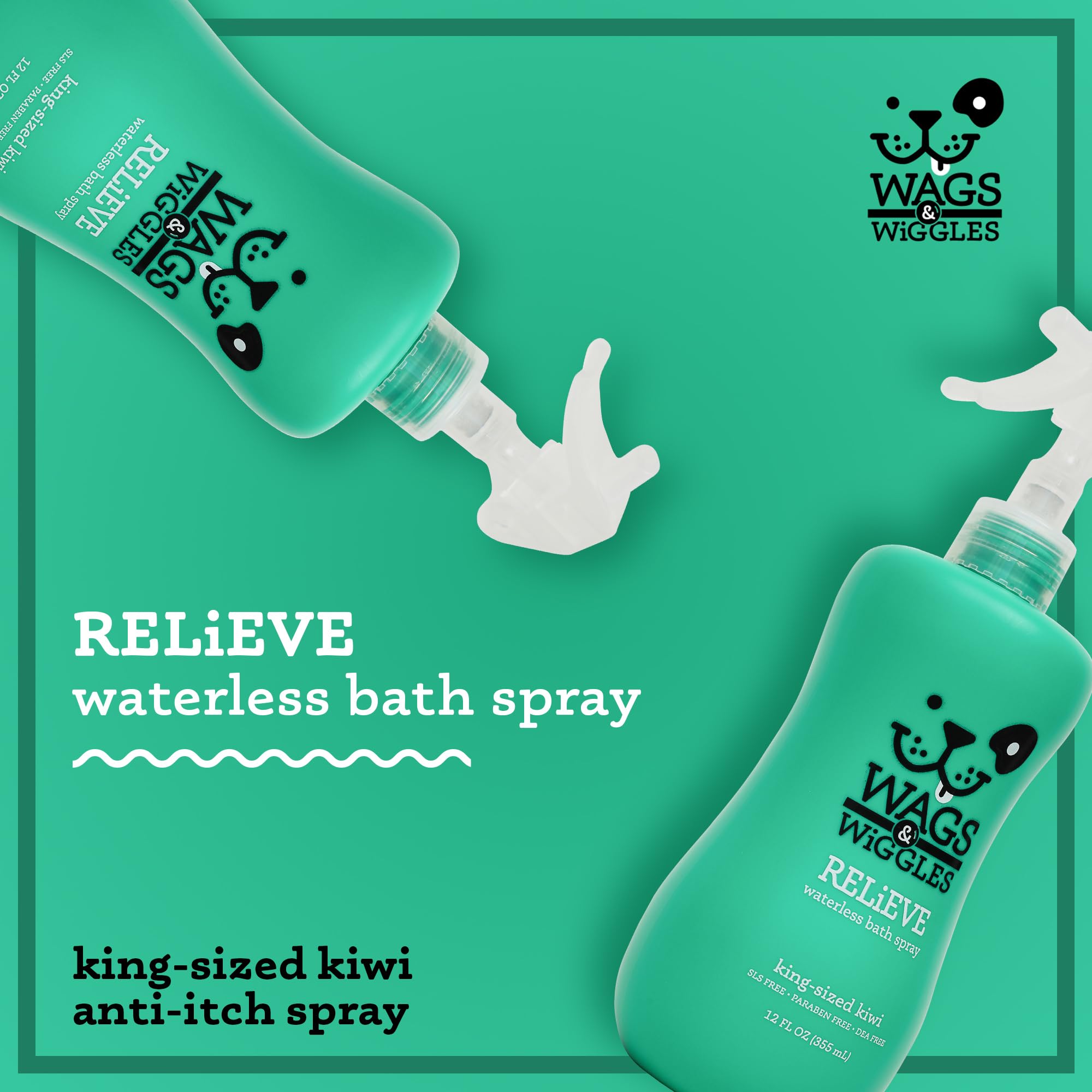 Wags & Wiggles Relieve Dog Anti-Itch Spray, Kiwi Scent - Waterless Dry Shampoo for Dogs With Dry, Itchy, Or Sensitive Skin - Fru