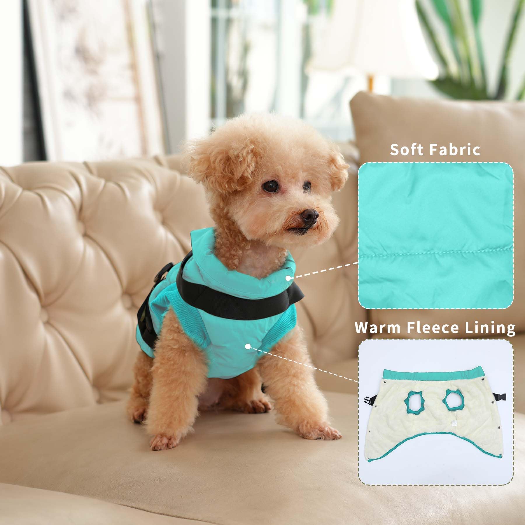 Joydaog Dog Jacket With Harness,Fleece Lined Warm Puppy Coat For Winter,Soft Windproof Small Dog Vest,Bluegreen S