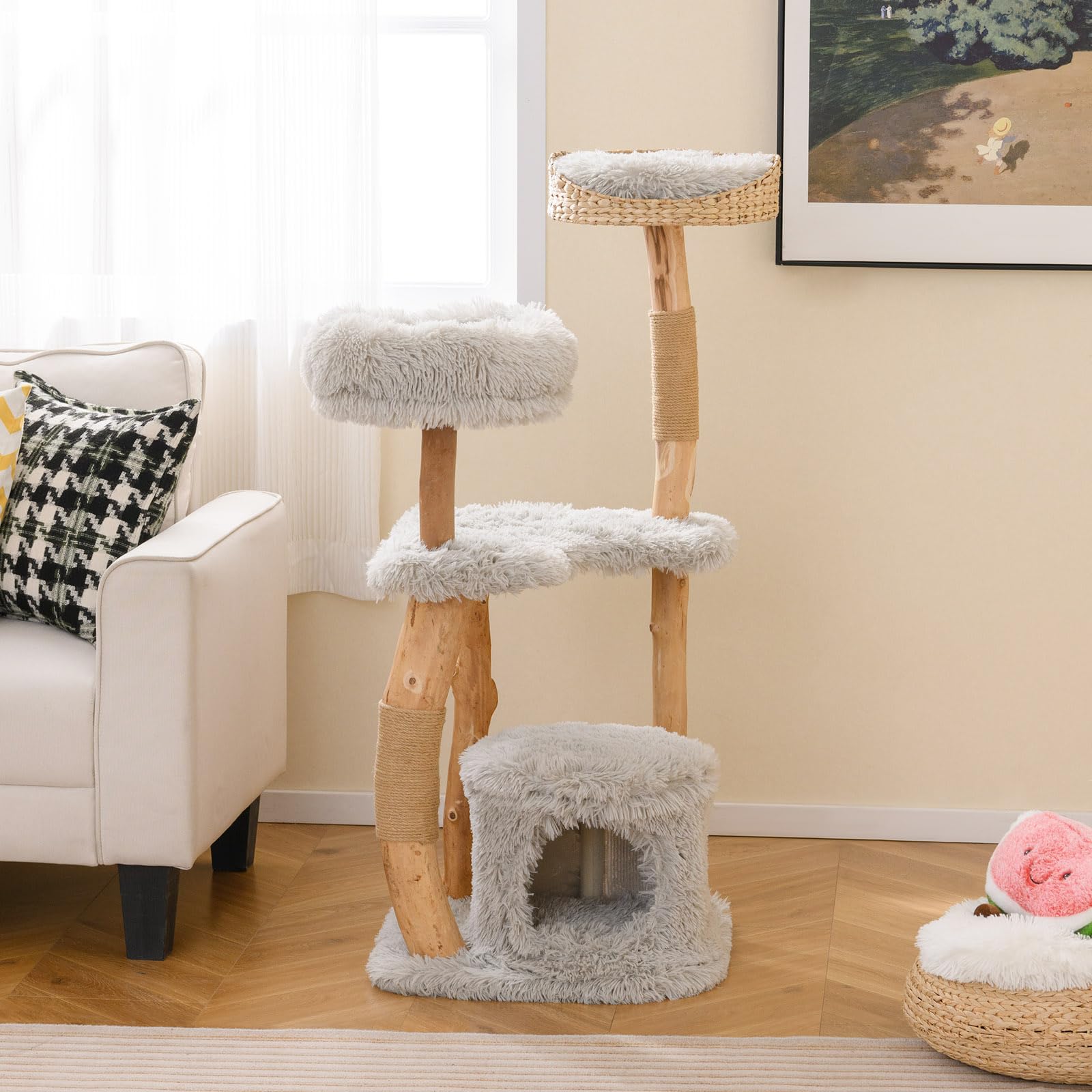 Tangkula Cat Tree Tower, Solid Wood Modern Cat Tower With Top Cattail Basket Bed, Side Perch, Large Platform & Cat Condo, Cute C