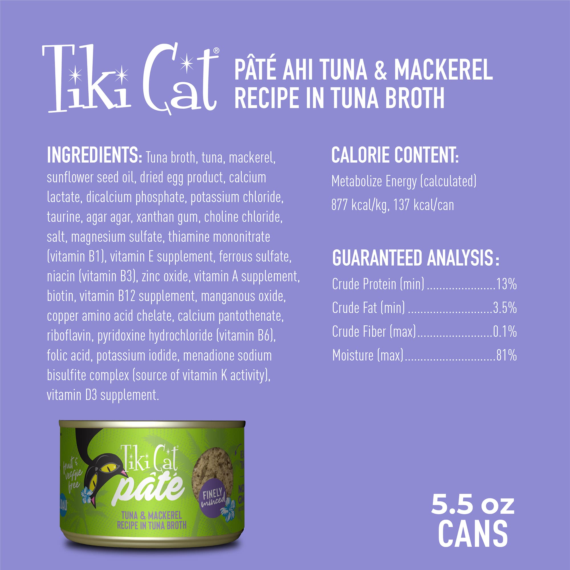 Tiki Cat Luau Pate, Ahi Tuna & Mackerel Recipe in Tuna Consumme, Grain-Free Balanced Nutrition Wet Canned Cat Food, for All Life