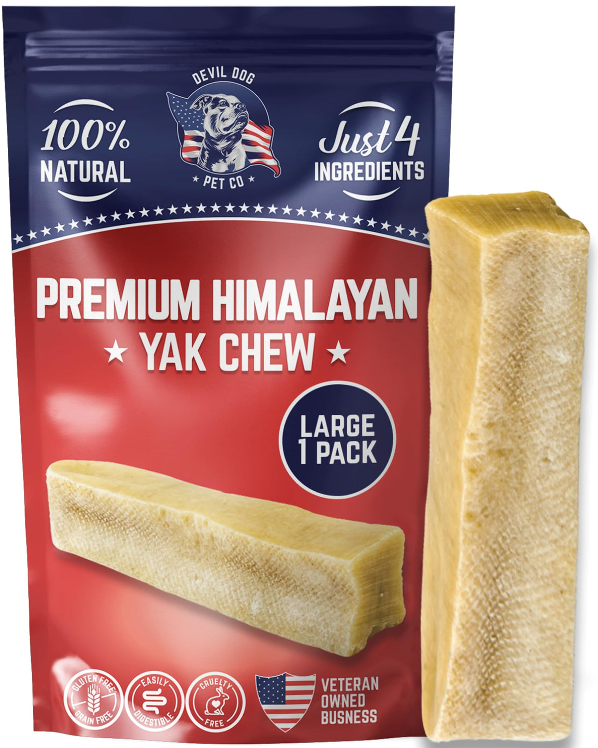 Devil Dog Pet Co Yak Cheese Dog Chews - Premium All Natural Dog Treats For Aggressive Chewers - Long Lasting, Limited Ingredient And Odorless - Usa Veteran Owned Business (Large - 1 Pack)