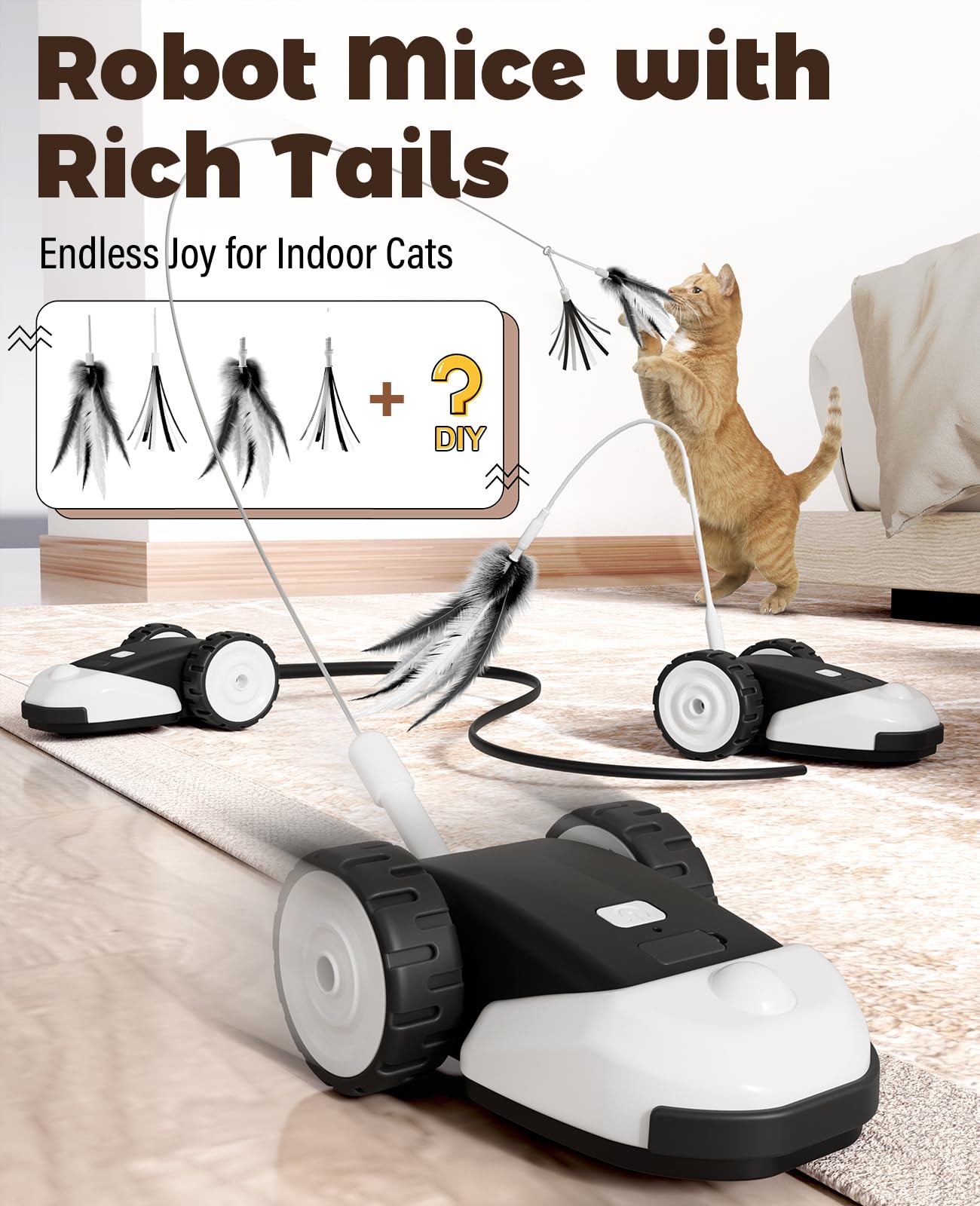 Cyros 3-In-1 Interactive Cat Toy - 2-Speed Automatic Moving Mouse Cat Toys Self Play With 2Pcs Hanging Feather String Ribbon And